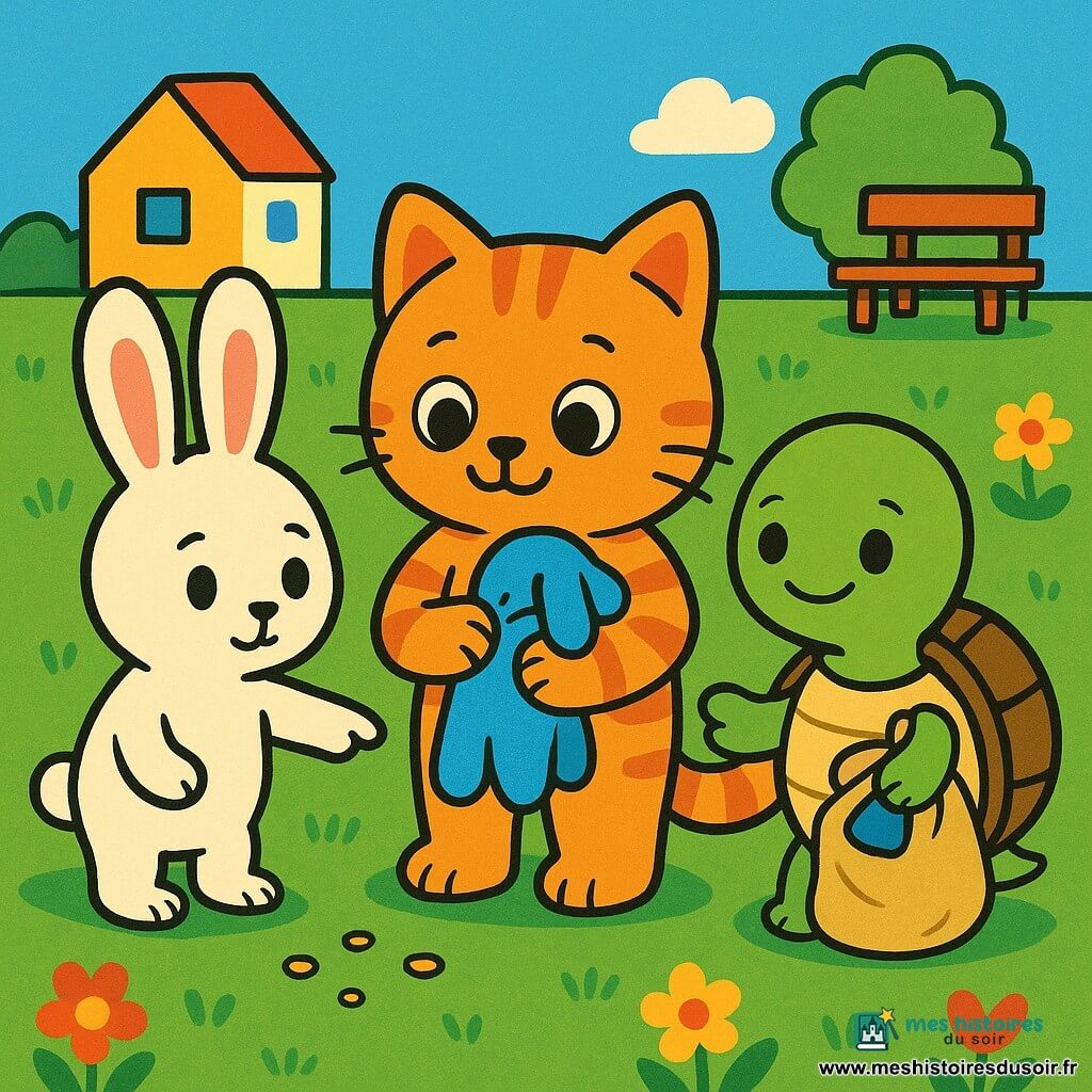 Petit chat anthropomorphe au pelage orange rayé, grands yeux ronds et sourire soulagé, serre contre sa poitrine un doudou bleu usé; à sa gauche, un lapin blanc aux longues oreilles roses, expression curieuse, pointe une piste de miettes; une petite souris grise, malicieuse, tient un morceau de biscuit près d’un coin de carton; une petite tortue verte à carapace brune, timide puis joyeuse, tient un sac en toile d’où dépasse le doudou et se tient légèrement derrière le chat; jardin ensoleillé avec herbe texturée, fleurs jaunes et rouges stylisées, un banc en bois simple et une maisonnette pastel en arrière-plan; scène centrée et claire montrant les amis réunis autour du doudou retrouvé, atmosphère chaleureuse, couleurs vives, formes simples et contours épais pour être lisible par un tout-petit.