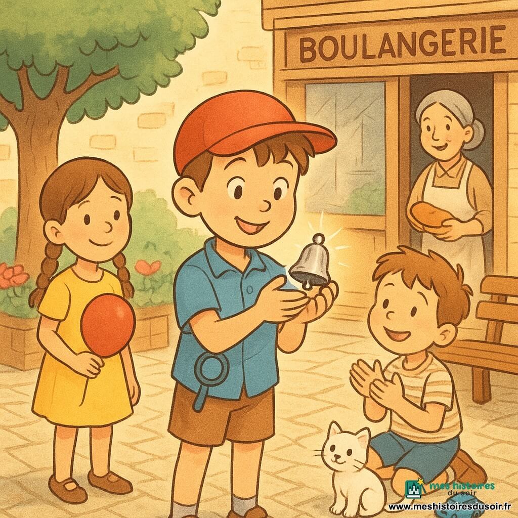Paul, 6 ans, casquette rouge, tient une petite clochette argentée brillante au centre d'une place pavée ensoleillée tandis que Zoé, 5 ans, en tresses et robe jaune, sourit en tenant un ballon rouge à gauche, Léo, 6 ans, genoux poussiéreux et chemise rayée, applaudit avec une petite voiture bleue à droite; Lou, la boulangère, en tablier beige, se tient à la porte de sa boutique en bois en offrant un pain, et le chat blanc Minette est assis au pied du banc — ambiance de célébration, couleurs chaudes, lignes claires et textures visibles du pavé et des tissus.