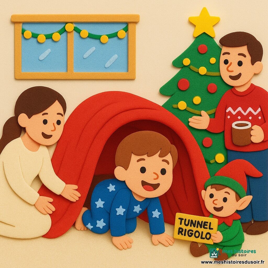 Un garçon de 4 ans, cheveux châtain clair, en pyjama bleu à étoiles, rampe dans un tunnel fait de chaises couvertes d'une grosse couverture rouge en riant; un petit lutin en costume vert et rouge, bonnet pointu, est assis au bout du tunnel avec une mini-pancarte "TUNNEL RIGOLO" et l'encourage; la maman, agenouillée, tend la main pour aider, le papa, debout près du sapin en pull rouge, tient une tasse de chocolat chaud en faisant semblant d'être un train; salon de Noël chaleureux avec tapis crème, sapin décoré, guirlandes lumineuses et lumière dorée, scène festive, calme et pleine de mouvement.
