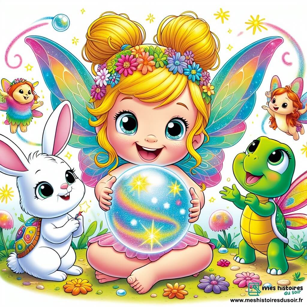 Au centre de l'image, Lila, une petite fée aux ailes colorées, sourit en tenant une boule de cristal brillante. Ses yeux pétillent d'excitation et ses cheveux dorés flottent autour d'elle. À sa droite, Pipo, un lapin aux grandes oreilles, regarde la boule avec curiosité et inquiétude, assis sur un coussin moelleux. À gauche, Gigi, une tortue au carapace colorée, sourit avec sagesse, observant ses amis. Max, un petit dragon vert, amuse la scène en soufflant des bulles de savon. Le décor est une clairière enchantée, illuminée par la lune et entourée d'arbres multicolores. Lila et ses amis sont réunis autour de la boule de cristal, prêts à faire un vœu ensemble, dans un moment de bonheur et d'amitié.