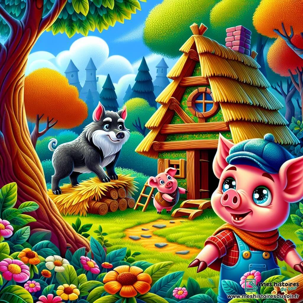 Dans une scène vibrante, le premier petit cochon, un jeune cochon rose curieux, se tient devant sa maison en paille, inquiet mais déterminé. À côté, son frère, un cochon brun tacheté, construit une maison en bois, concentré et un peu nerveux. En arrière-plan, le troisième petit cochon, noir et malicieux, renforce sa maison en brique avec fierté. La forêt enchantée environnante est pleine d'arbres majestueux et de fleurs colorées, sous un ciel bleu avec des nuages. Les trois petits cochons travaillent ensemble tout en surveillant la forêt où le loup rôde, prêt à souffler sur leurs maisons.
