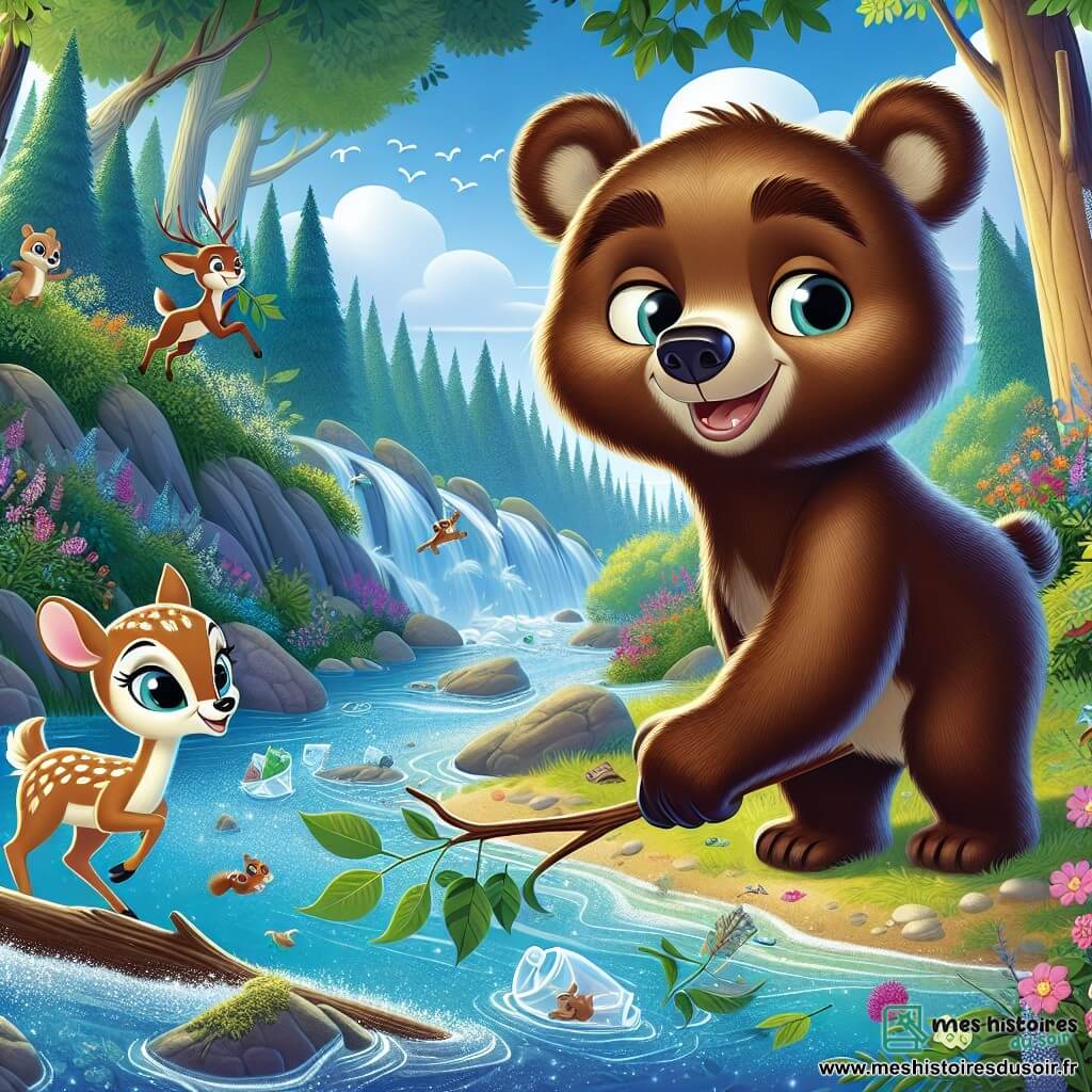Un jeune ours brun nommé Boris, curieux et souriant, se tient au bord d'une rivière scintillante, ramassant des déchets avec une branche, entouré de fleurs et d'arbres majestueux. À ses côtés, une petite faon nommée Lila, admirative, tient une feuille dans sa bouche, prête à l'aider. En arrière-plan, des écureuils sautent en transportant des morceaux de plastique, tandis que des oiseaux chantent. La scène illustre Boris et ses amis unis dans leur mission de nettoyer la rivière, soulignant l'importance de prendre soin de la nature avec joie.
