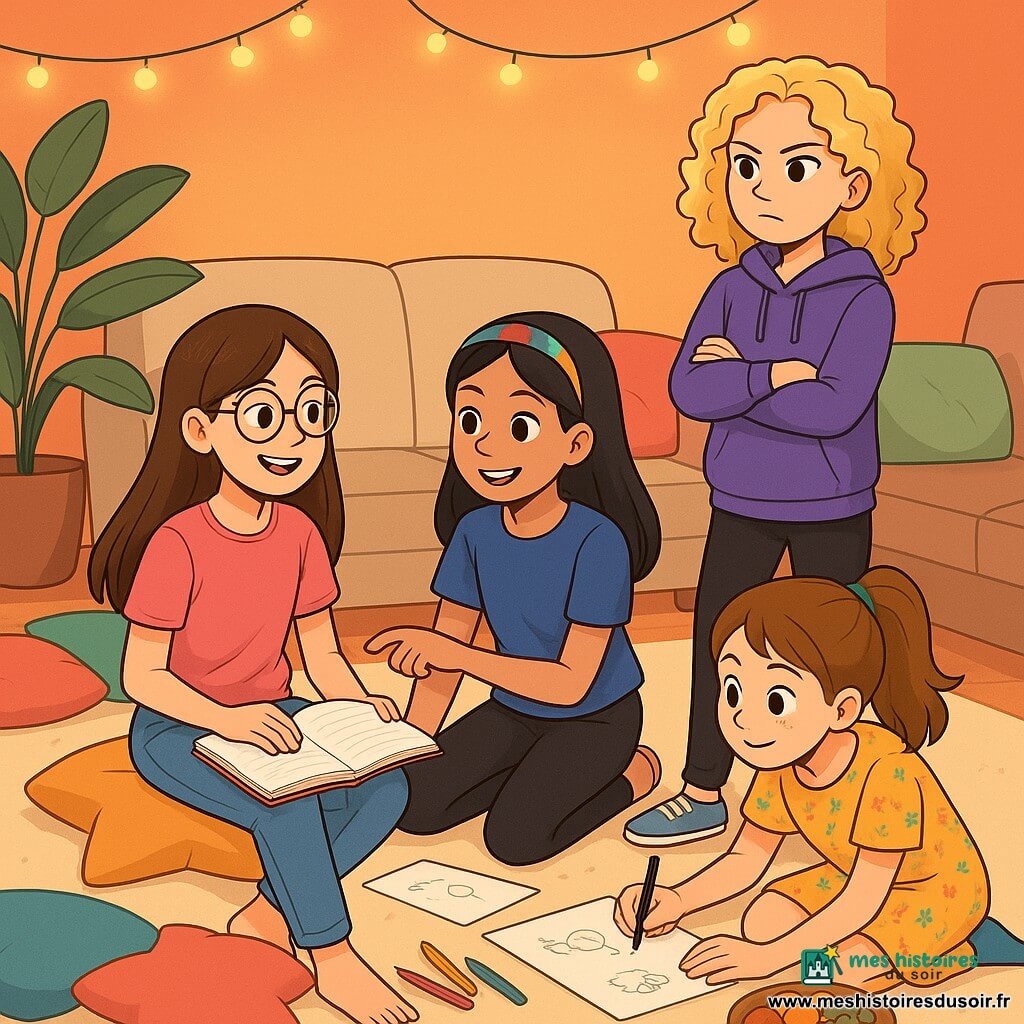 Quatre personnages sont présents : Noémie, 11 ans, avec de longs cheveux bruns et des lunettes rondes, assise sur un coussin en forme d'étoile, un carnet sur les genoux et un sourire ; Ambre, 12 ans, aux cheveux blonds bouclés, debout avec les bras croisés et une expression déterminée ; Chloé, 11 ans, avec des cheveux châtains en queue de cheval, accroupie en train de dessiner ; et Rose, 12 ans, avec des cheveux noirs et un bandeau, assise à côté de Noémie, montrant une idée dans son carnet. L'action se déroule dans le salon de Noémie, devenu un espace créatif, avec des coussins colorés, des couvertures sur les canapés et des guirlandes lumineuses. Les amies échangent des idées avec enthousiasme, créant une atmosphère joyeuse et dynamique, illustrant leur confiance en soi à travers la collaboration.