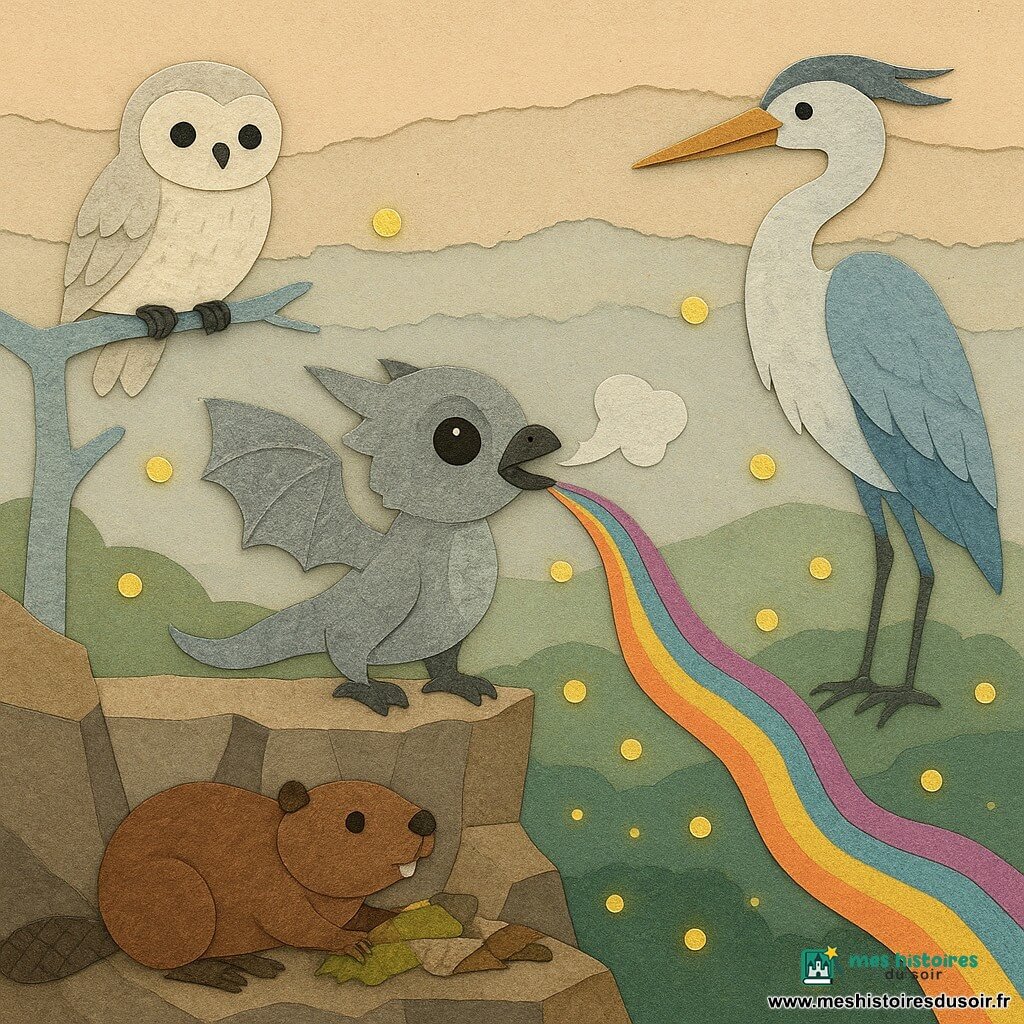 Kiri, petit être ailé mi-oiseau mi-dragon aux ailes gris perle et yeux fumés, debout au sommet des Pics de Verre, expire une note qui se transforme en rubans musicaux multicolores; Maris, vieille chouette-lune ivoire tachetée d’argent, perchée sur une branche de verre au-dessus, incline la tête pour écouter; Saba, grand héron au cou de nuages bleus, se tient calme et protecteur à droite, tandis qu’un castor de mica pose une petite digue de papier et mousse au premier plan et qu’un chapelet de lucioles jaunes flotte autour, le tout rendu comme des formes collées sur un paysage de falaises facettées et ciel pastel en couches de papier, vallée brumeuse en dessous.