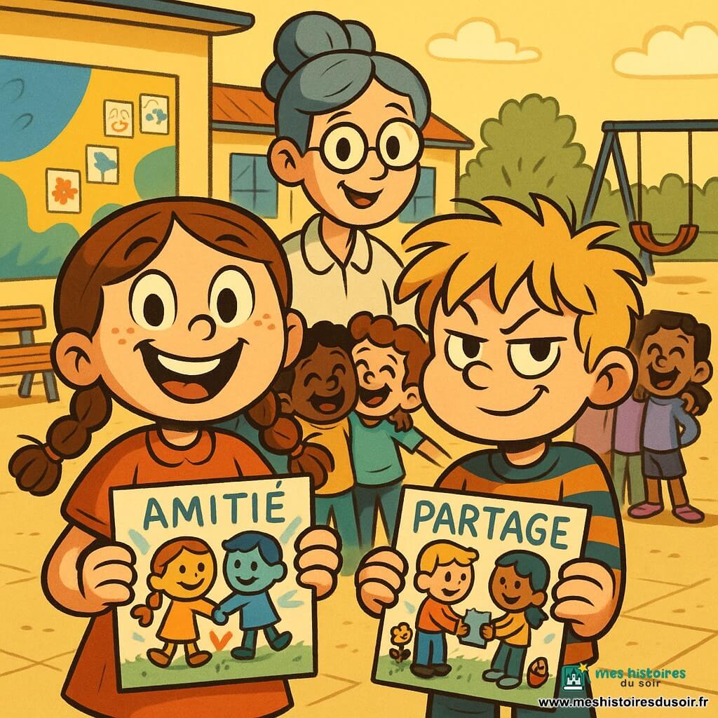 Une photo de groupe ensoleillée dans la cour d’école : une fillette de 8 ans au visage rond et taches de rousseur, cheveux châtains en deux nattes, souriante et confiante tient un dessin « amitié », à côté d’un garçon d’environ 7 ans (Lucas) aux cheveux blonds en bataille et sourire malicieux portant un pull rayé et tenant un dessin « partage », une maîtresse (Mme Dupuis, 30–40 ans) aux cheveux en chignon gris-bleu et lunettes, blouse claire, pose la main sur l’épaule d’un enfant en souriant, d’autres enfants (6–9 ans) rieurs forment un groupe bras dessus-dessous tenant des petits dessins colorés autour d’un grand panneau mural peint à la main aux couleurs vives (bleu, jaune, vert) affichant mots et dessins ; composition centrée, lumineuse, couleurs saturées et contours souples, style rubber hose.
