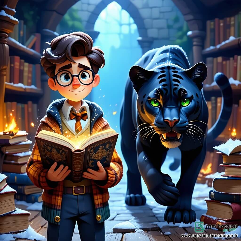Théodore Labroussole, bibliothécaire aux lunettes rondes et cardigan en laine, se tient au centre, déterminé et inquiet, tenant un livre ancien brillant d'une lumière magique. À ses côtés, Maladroite, une panthère noire aux yeux émeraude, observe courageusement, prête à bondir. En arrière-plan, la Citadelle des Synonymes, un château fait de pages de livres et de tours en forme de stylos géants, se dresse sous un ciel étoilé où flottent des mots lumineux. Ils se préparent à défendre le Dictionnaire Originel contre des créatures linguistiques menaçantes, créant une atmosphère d'aventure et de magie.