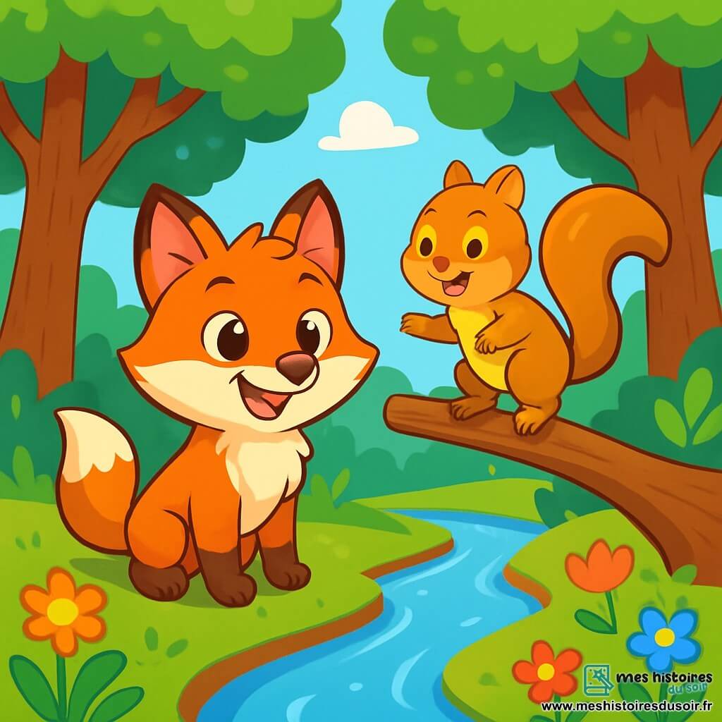 Un renard aux yeux pétillants et à la fourrure rousse, nommé Félix, se tient joyeusement au bord d’un ruisseau, souriant malicieusement. À ses côtés, un petit écureuil brun doré, nommé Simon, grimpe sur une branche, prêt à sauter. La scène se déroule dans une forêt enchantée avec de grands arbres aux feuilles vertes et des fleurs colorées au sol. Félix et Simon se préparent à s’entraider pour franchir un petit obstacle, illustrant leur amitié et leur esprit d’équipe dans la beauté de la nature.