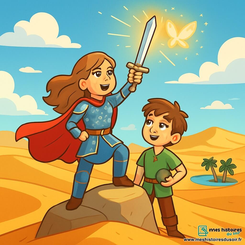 Siriane, une jeune femme courageuse aux longs cheveux ondulés couleur sable, se tient sur un rocher au sommet d'une dune dorée. Elle porte une armure ornée de motifs d'étoiles et une cape rouge flottant au vent, son visage affichant une détermination éclatante. À ses côtés, Tarek, un garçon de 12 ans aux cheveux bruns en bataille et aux yeux curieux, l'observe avec admiration. Le décor est un vaste désert d'Astéria, avec des dunes sous un ciel bleu et un oasis scintillant au loin. Siriane lève son épée vers le ciel, illuminée par le soleil couchant, tandis qu'un papillon de sable lumineux vole autour d'eux, symbolisant l'espoir de leur quête pour retrouver la Pierre de Lune.