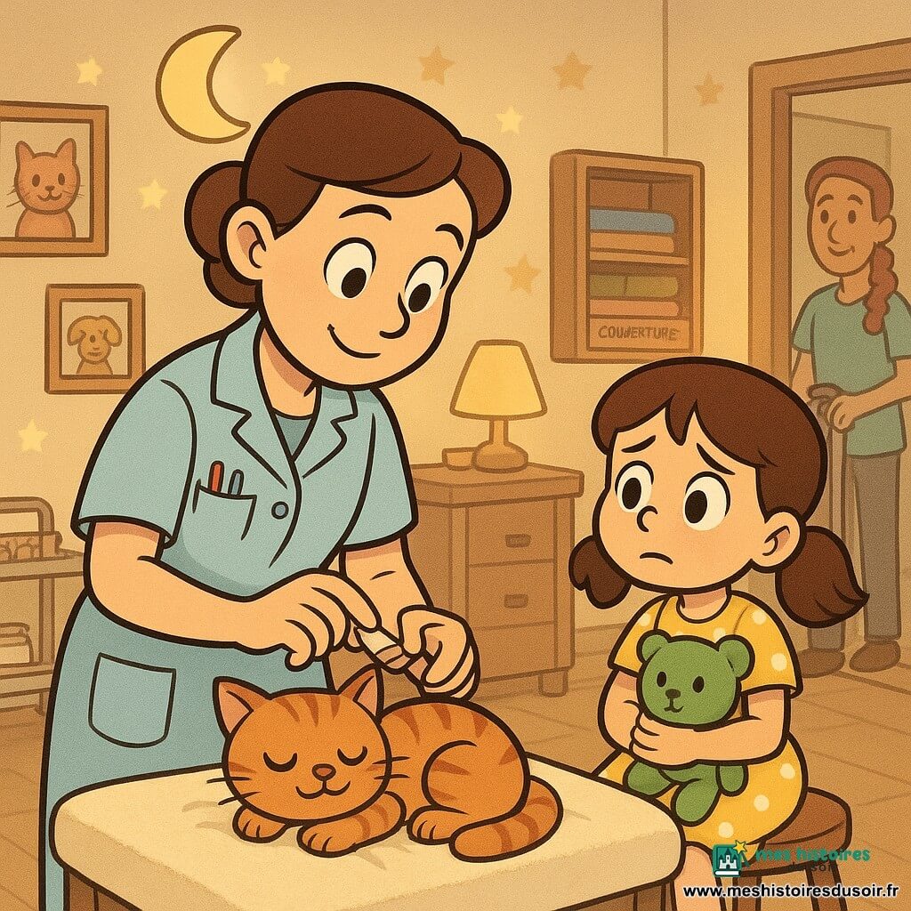 Une vétérinaire souriante et calme d’une trentaine d’années, cheveux châtains en chignon, blouse bleu clair avec poche à stylos, pose un pansement sur la petite patte d’un chat roux tigré nommé Pilou qui ronronne sur une couverture crème, une fillette de 6 ans, Zoé, en robe jaune à pois blancs et couettes, tient une peluche verte et regarde inquiète puis soulagée assise sur un tabouret; en arrière-plan deux aides vétérinaires (un homme en t‑shirt vert et une femme à tresse rousse) rangent un chariot près d’une porte; la pièce est une petite clinique chaleureuse aux murs crème avec étoiles projetées par une veilleuse lune, étagères en bois avec couvertures colorées, affiches d’animaux souriants, lampe jaune douce, sol en bois clair et rideau pastel — ambiance apaisante, couleurs chaudes, textures laine et bois, lumière tamisée, expressions tendres et style cartoon rétro.