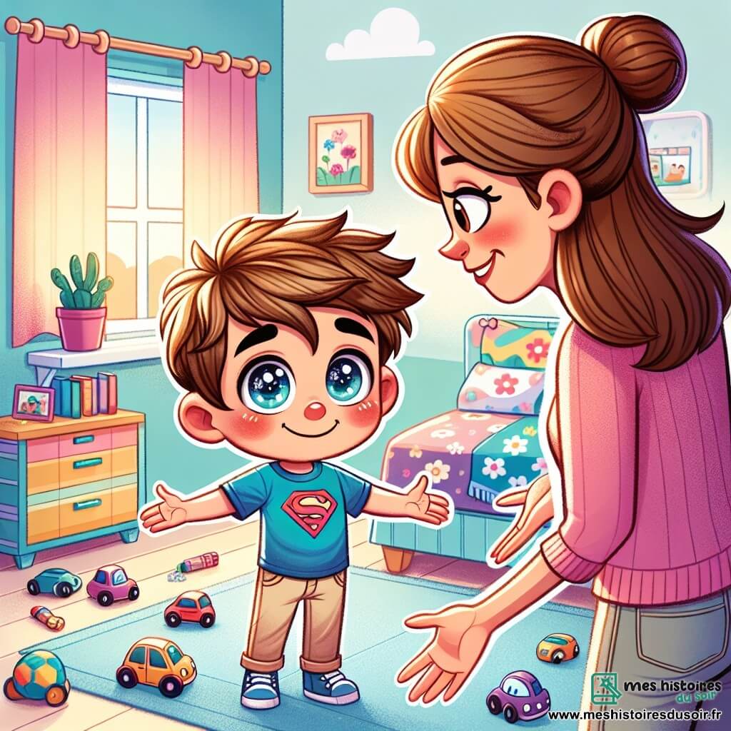 Lucas, un garçon de 6 ans aux cheveux bruns en bataille et aux yeux curieux, se tient dans sa chambre avec un sourire timide. Il porte un t-shirt bleu avec un super-héros et un pantalon beige. Sa maman, une femme d'une trentaine d'années aux cheveux châtains en chignon, le regarde avec un sourire aimant, agenouillée à ses côtés, en pull rose et jean, les bras tendus pour l'encourager. La chambre est remplie de jouets colorés, avec des voitures sur le sol, des livres sur une étagère et un lit à motifs de nuages. La lumière du soleil crée une atmosphère chaleureuse. Lucas avoue à sa maman qu'il n'a pas rangé ses jouets, partageant un moment de complicité qui illustre l'importance de la vérité et de la confiance.