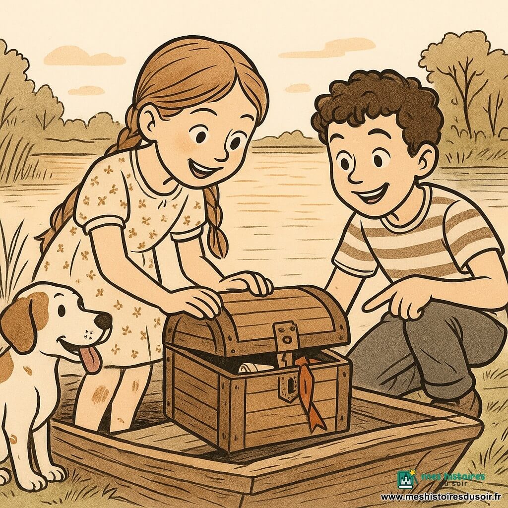 Fille de 10 ans joyeuse et émerveillée, cheveux châtain clair en tresses, robe simple à petits motifs et genoux légèrement sales, penchée pour ouvrir un petit coffre en bois posé sur le bord d’un vieux bateau en bois partiellement enfoui dans la vase ; garçon d’environ 9 ans, Lucas, visage souriant, cheveux courts bouclés, t-shirt rayé, accroupi à droite derrière elle et pointant le coffre ; chien moyen nommé Max, poil court et tacheté, langue pendante, assis à gauche du coffre et regardant la scène ; lieu : rivage d’un lac calme au coucher du soleil avec eau miroitante, roseaux et quelques arbres en arrière-plan ; situation : découverte et ouverture d’un coffre ancien, expressions d’émerveillement et de complicité, serrure en fer, ruban rouge et parchemin roulé visibles ; style : line art à l’encre fine, traits propres, contrastes nets, hachures pour textures de bois et d’eau, composition centrée sur les visages et le coffre, ambiance douce et chaleureuse.