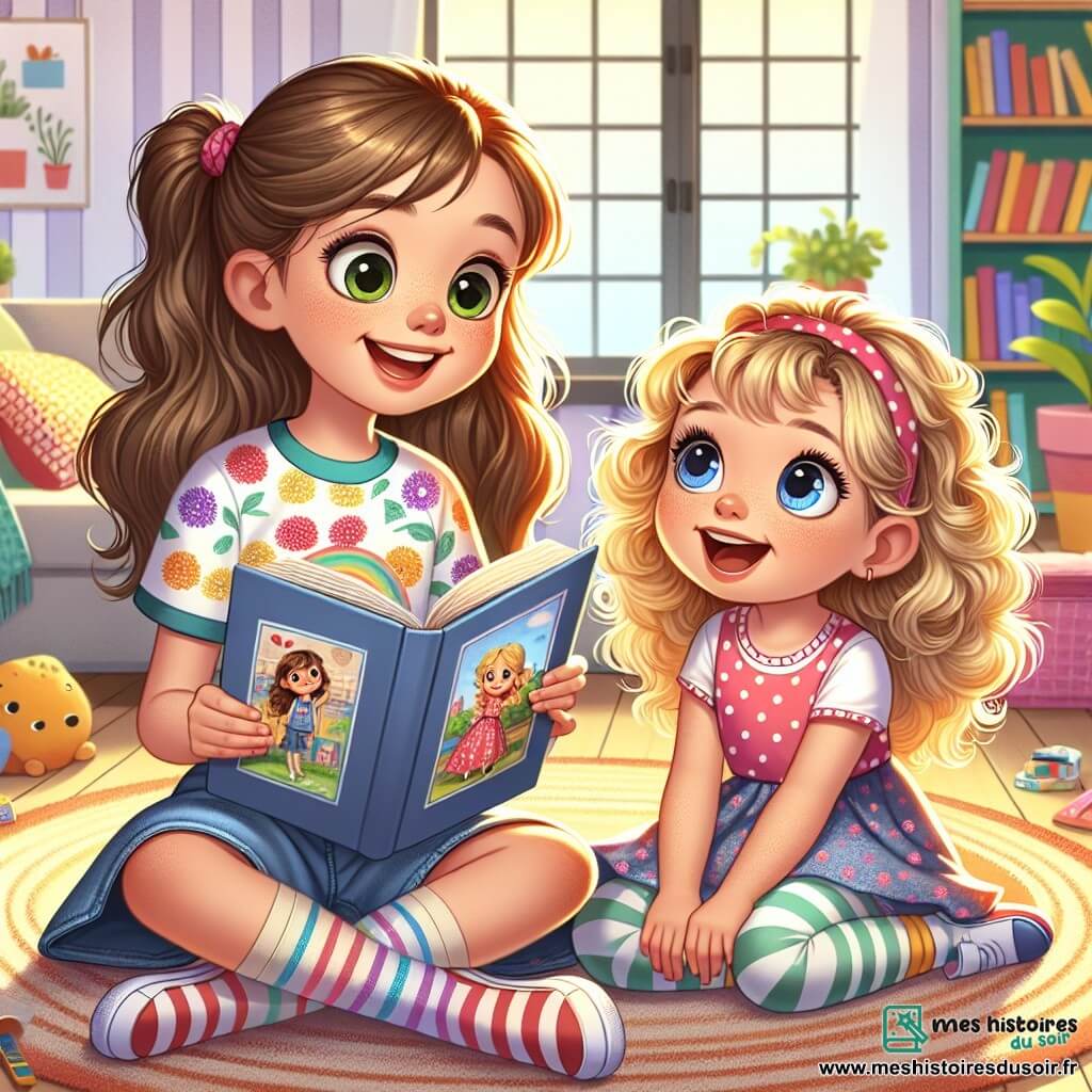 Léa, 10 ans, est assise sur un canapé moelleux, les yeux pétillants et un sourire radieux. Elle a de longs cheveux bruns en couettes et porte un t-shirt coloré et un short en jean. Elle tient un livre illustré, plongée dans une aventure. À côté, sa sœur Emma, 6 ans, aux cheveux blonds bouclés, est allongée sur le tapis, émerveillée par les illustrations. Leur salon est chaleureux, avec des murs jaunes pastel et des jouets éparpillés. La lumière du soleil illumine la pièce, créant une ambiance joyeuse. Léa et Emma partagent un moment de complicité, découvrant un monde magique à travers le livre, la télévision éteinte en arrière-plan.