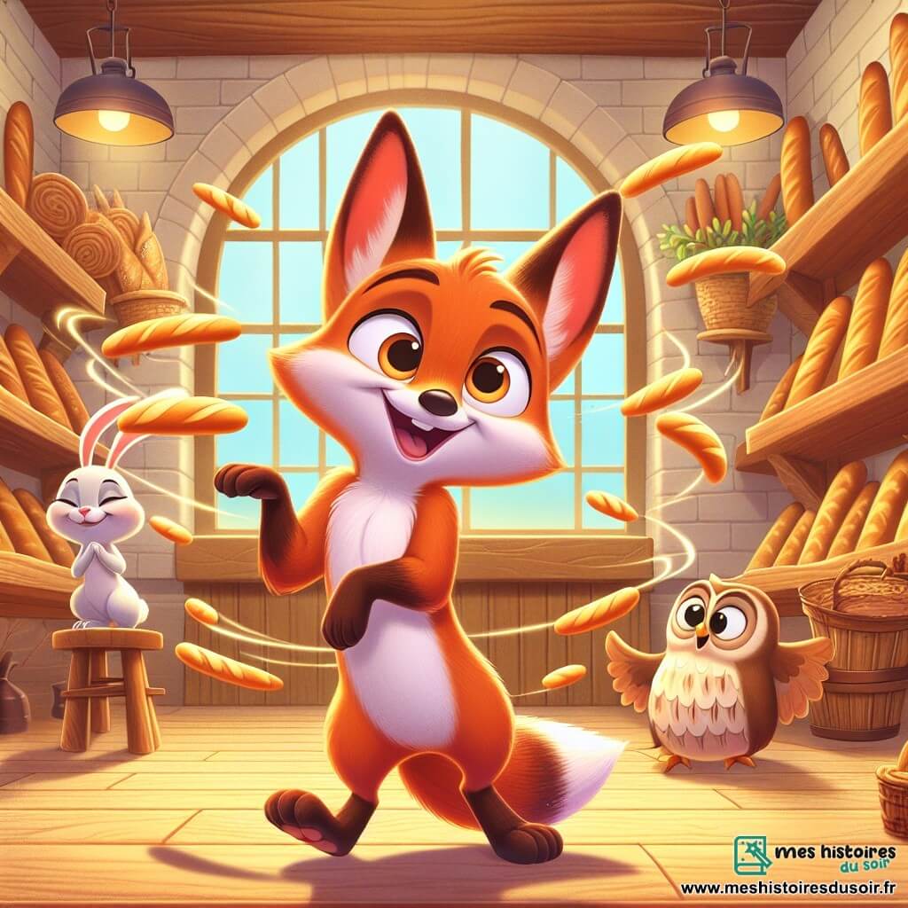 Un petit renard nommé Rolo, avec un pelage orange vif et des yeux pétillants de curiosité, danse joyeusement au centre d'une boulangerie. À sa gauche, Lola la lapine, avec ses grandes oreilles blanches, l'observe avec émerveillement, prête à applaudir. À droite, Tito le hibou, perché sur une étagère, rit en battant des ailes. La boulangerie, chaleureuse et accueillante, est remplie de pains dorés et de gâteaux colorés, illuminée par une douce lumière. Rolo, Lola et Tito célèbrent ensemble la découverte d'un chef caché dans le four, entourés de baguettes dansantes, dans une atmosphère festive où règnent joie et amitié.