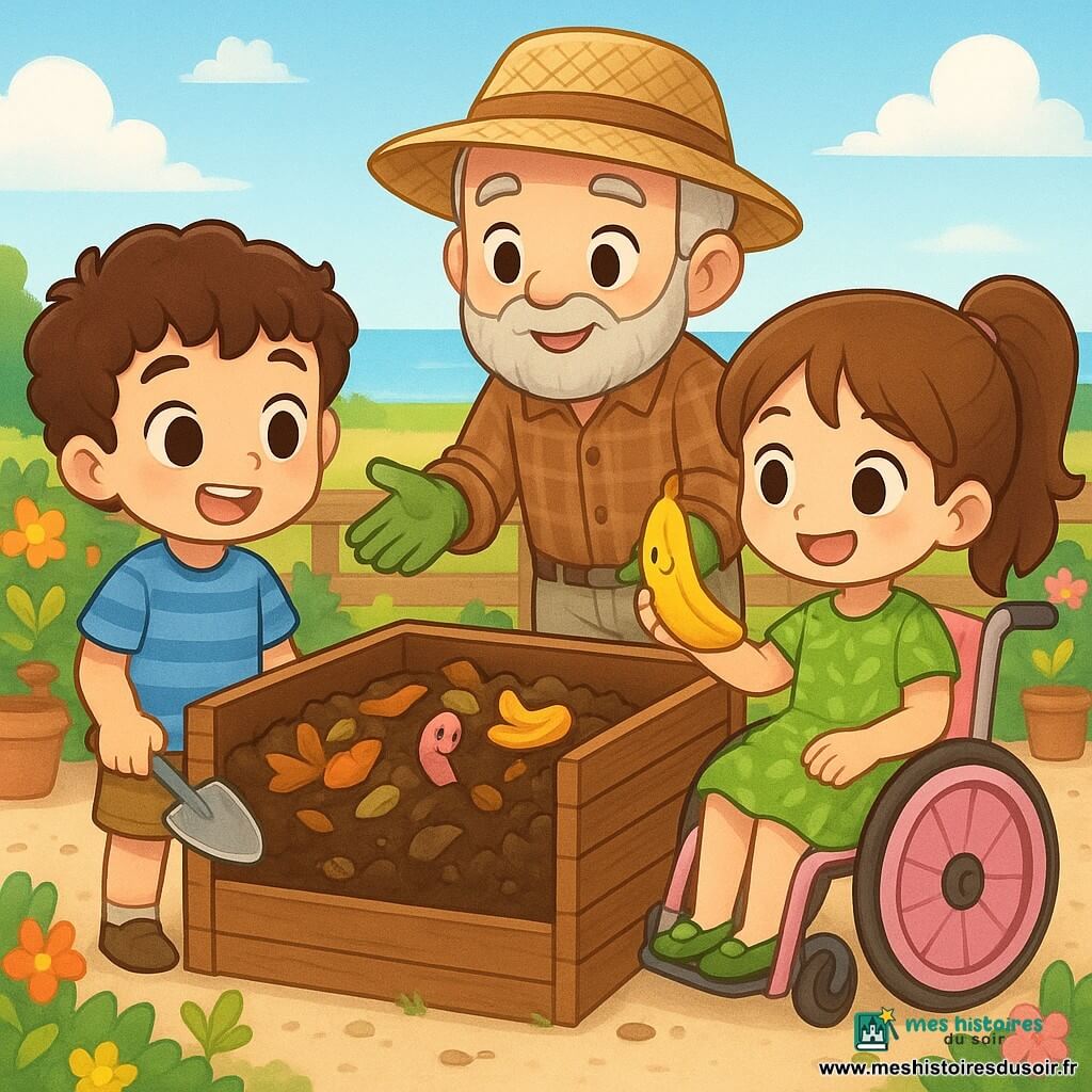 Trois personnages dans un petit jardin ensoleillé au bord de mer : Léo (garçon de 8 ans, cheveux bruns bouclés, t-shirt rayé bleu, pelle métallique) à gauche du bac à compost, Clara (fille de 8 ans, cheveux châtains en queue, fauteuil roulant rose pâle, robe verte à motifs) à droite montrant une peau de banane, et M. Pierre (environ 60 ans, barbe grisonnante, chapeau de paille, chemise à carreaux, gants) penché derrière le bac ; le coffre en bois ouvert contient épluchures, feuilles et terre sombre, ambiance joyeuse et éducative avec couleurs vives, textures nettes, un ver de terre amical et quelques fleurs repoussant près du compost.