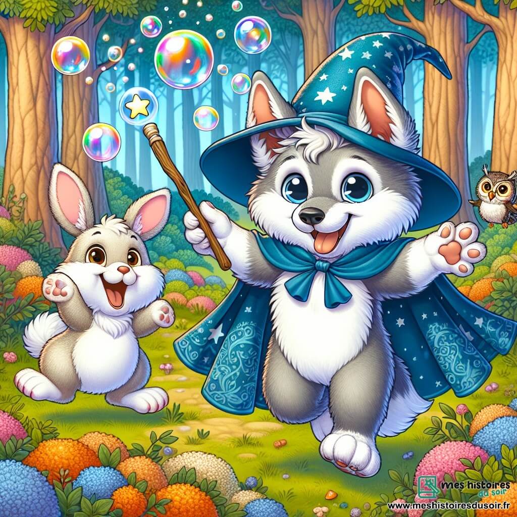 Un petit loup magicien nommé Loulou, avec une fourrure grise et des yeux curieux, porte une cape bleue et un grand chapeau pointu. Il saute de joie en agitant une baguette magique, entouré de bulles de savon colorées. À ses côtés, un lapin nommé Benjamin rit, tandis qu'une chouette nommée Lila vole en faisant des pirouettes. La scène se déroule dans une forêt enchantée, avec des arbres majestueux et des fleurs multicolores. Loulou essaie de faire apparaître des carottes, mais crée des bulles de savon, suscitant rires et joie parmi ses amis.