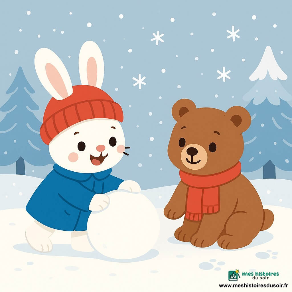 Petit Lapin, un adorable lapin aux grandes oreilles et à la fourrure blanche, porte un bonnet rouge et un gros manteau bleu. Il sourit joyeusement en roulant une boule de neige. À côté de lui, Petit Ours, un ours en peluche brun avec une écharpe rouge, observe la boule de neige avec curiosité tout en laissant des empreintes dans la neige. La scène se déroule dans une forêt enchantée, avec des arbres couverts de neige scintillante et un sol blanc. Des flocons tombent doucement, créant une atmosphère magique. Les deux amis s’amusent à construire un bonhomme de neige, riant et jouant ensemble, tandis que la neige crisse sous leurs pattes.