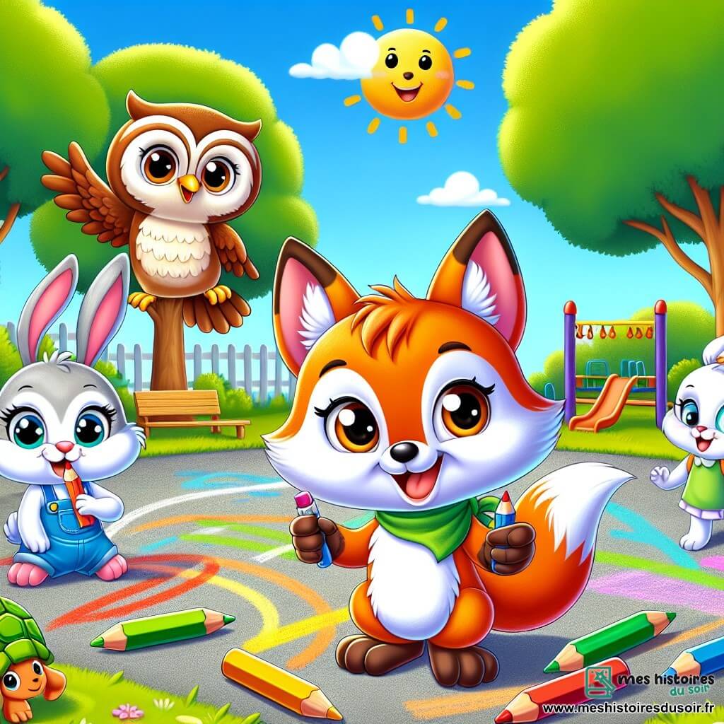Un renard nommé Rémy, au pelage orange et aux yeux curieux, se tient dans une cour d'école ensoleillée, souriant et tenant des crayons de couleur. À sa droite, Chloé, une chouette aux plumes brunes, l'observe amicalement depuis une branche. À gauche, Léo, un lapin aux grandes oreilles et à la fourrure blanche, saute joyeusement. Plus loin, Tilly, une tortue à la carapace verte, dessine sur le sol avec des craies. La scène se déroule dans une cour entourée d'arbres, avec des jeux colorés et un ciel bleu. Rémy et ses amis jouent ensemble, découvrant le plaisir d'apprendre et de se faire des amis lors de leur première journée d'école.