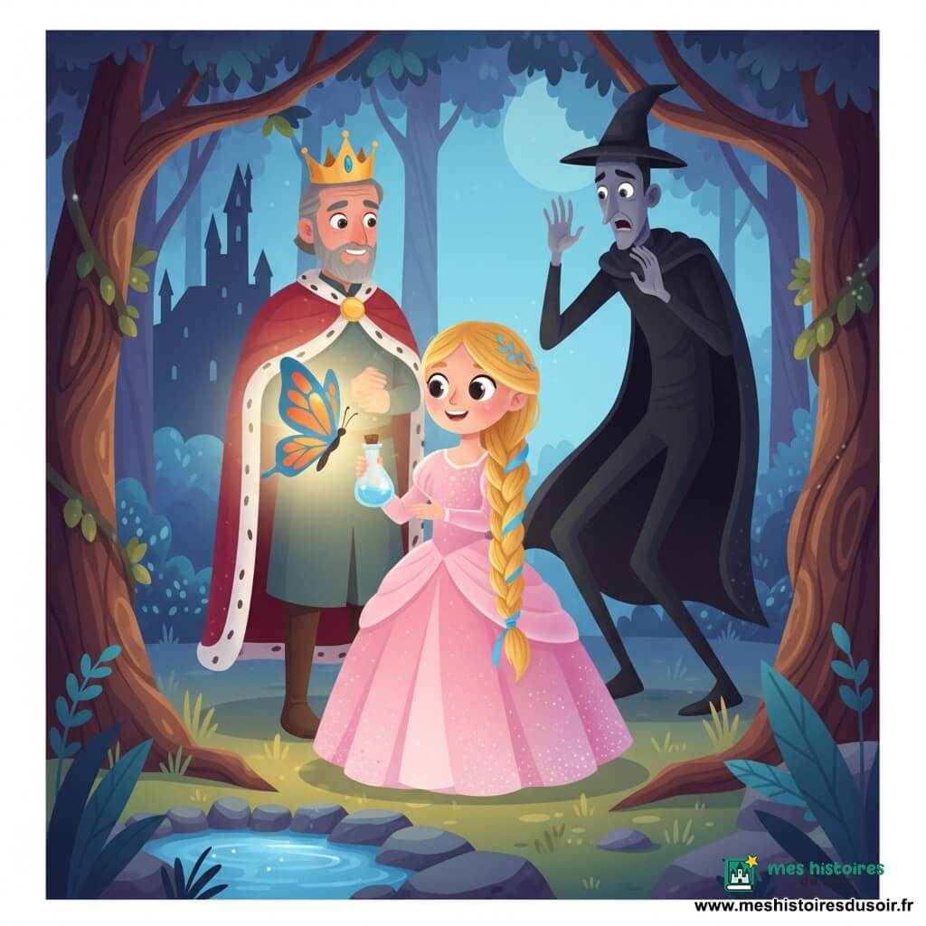 La princesse courageuse et souriante, aux longs cheveux blonds tressés avec des rubans bleus, porte une robe rose pâle scintillante et tient une petite fiole d'eau magique qui éclaire son visage; son père le roi, homme mûr à la barbe grise, se tient derrière à gauche, soulagé et fier, tandis que le sorcier Ombre, grand et mince en cape noire, recule effrayé à droite; un grand papillon aux ailes bleues et orange est posé près de la fiole comme pour guider la princesse; le décor est une clairière de forêt magique au crépuscule avec arbres aux troncs torsadés, une petite source brillante et un château sombre en arrière-plan à gauche; la scène montre la princesse au centre repoussant le sorcier avec l'eau magique, couleurs chaudes pour elle et glacées pour lui, composition simple et joyeuse, visages et gestes lisibles pour un enfant de 2 ans.