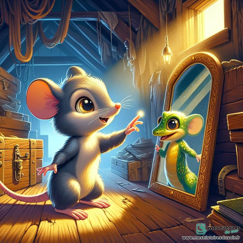 Félix, une petite souris grise aux yeux pétillants, se tient devant un miroir magique, son visage illuminé par l'émerveillement. Il tend une patte vers le miroir, prêt à découvrir ses mystères. À ses côtés, Zéphyr, un lézard vert avec des taches dorées, l'observe avec un sourire malicieux, prêt à l'encourager. Le grenier est poussiéreux et enchanteur, rempli de vieux objets et de livres oubliés, avec des rayons de lumière filtrant par les fenêtres. Félix, excité, s'apprête à toucher le miroir, ignorant qu'il sera transporté dans un monde magique.