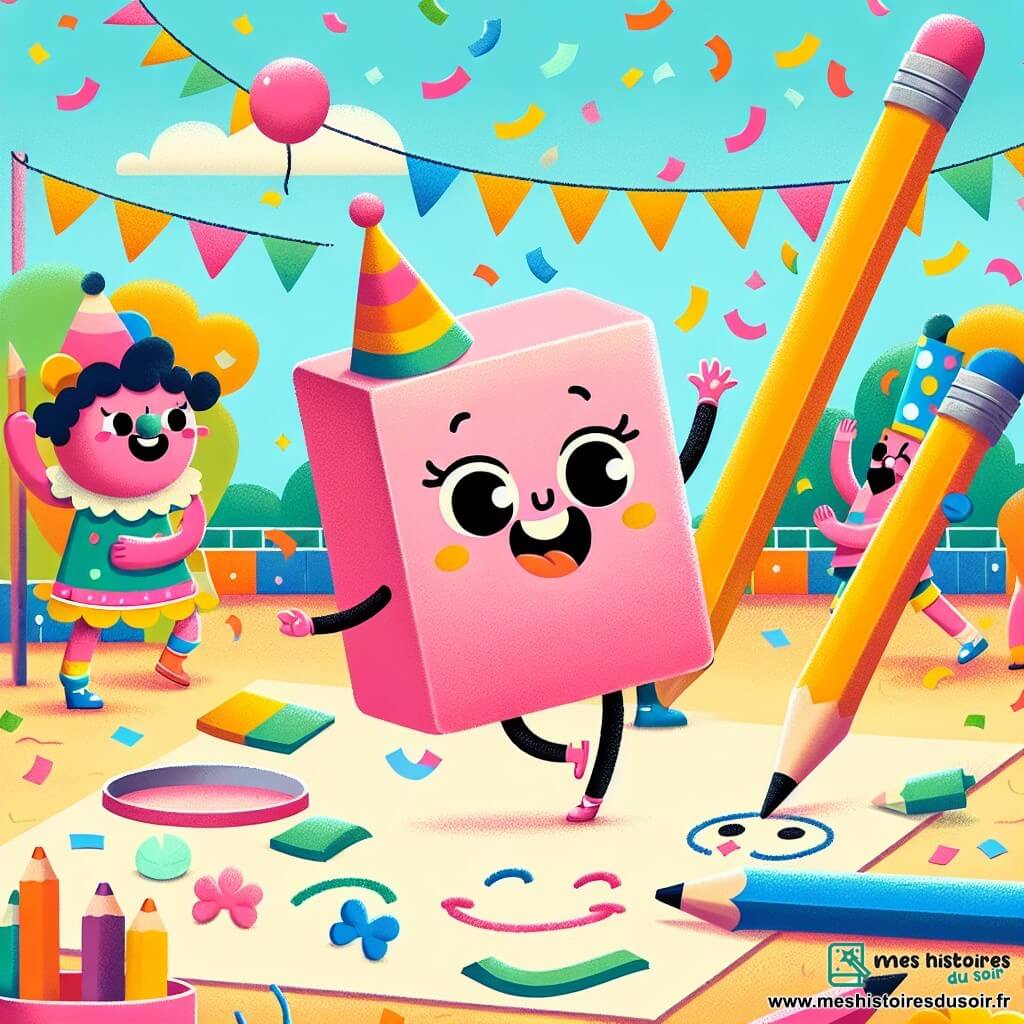 Illustration d'une gomme rose, souriante et dansante, entourée de confettis. À côté, un crayon jaune dessine des yeux ronds sur un carton, tandis qu'un feutre bleu y ajoute un grand sourire. L'action se déroule dans une cour d'école colorée, décorée de guirlandes et de ballons, sous un ciel bleu. Des enfants en costumes festifs jouent autour, créant une ambiance joyeuse. La gomme, le crayon et le feutre préparent leur costume de clown pour le carnaval, symbolisant créativité et camaraderie, avec des confettis, des sourires d'enfants et des accessoires de carnaval.