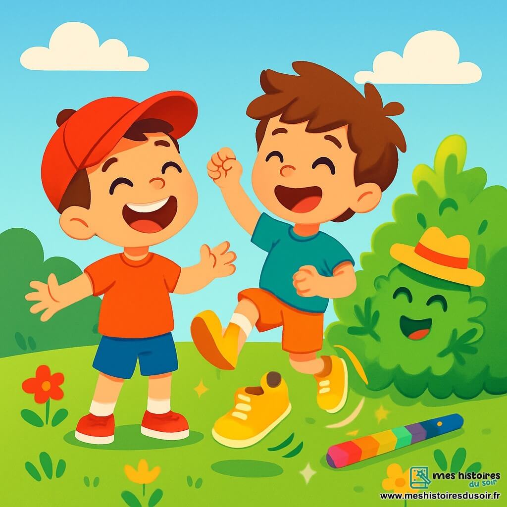 Léo, un garçon de 6 ans avec une casquette rouge, sourit et rit sur l'herbe. Sami, également âgé de 6 ans, court après sa chaussure jaune qui danse près de Léo. Ils se trouvent dans un jardin ensoleillé, rempli de fleurs colorées et d'un buisson touffu au centre. Léo et Sami rient ensemble, entourés de la chaussure qui saute joyeusement, tandis qu'un bâton magique aux couleurs arc-en-ciel brille à côté d'eux. Le buisson, portant un chapeau rigolo, applaudit en remuant ses branches, ajoutant une ambiance joyeuse.