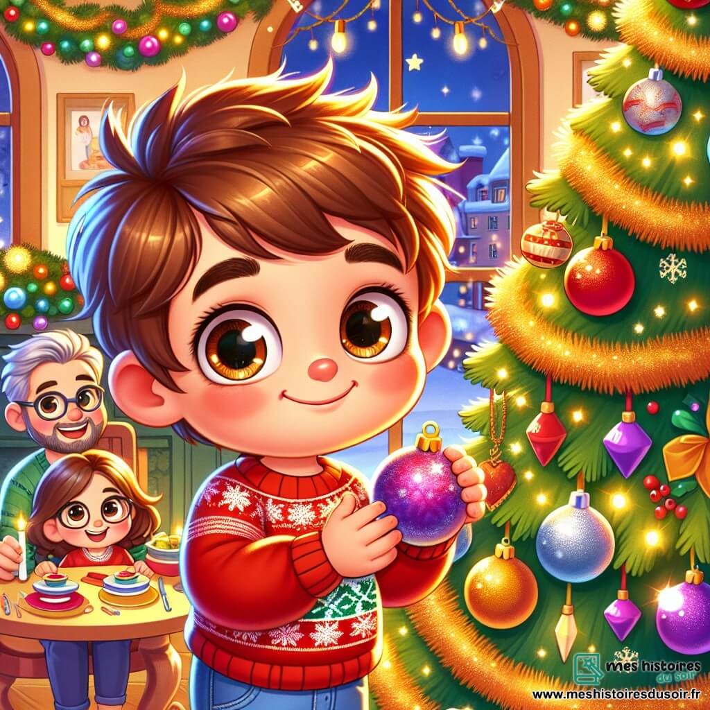 Un petit garçon de 4 ans, nommé Tom, avec des cheveux châtains en désordre et de grands yeux brillants, se tient devant un sapin de Noël décoré. Il porte un pull rouge et un pantalon bleu, souriant en tenant une boule de Noël. Sa maman, une femme d'environ 30 ans aux cheveux longs et bruns, accroche des guirlandes scintillantes, tandis que son papa, un homme d'environ 35 ans avec une barbe légère et des lunettes, prépare la table. La scène se déroule dans un salon chaleureux, rempli de lumières et de décorations festives, avec un sapin majestueux orné de boules colorées et d'une étoile au sommet. Tom admire le sapin et aide ses parents à préparer la fête du Nouvel An, créant une atmosphère joyeuse et festive.