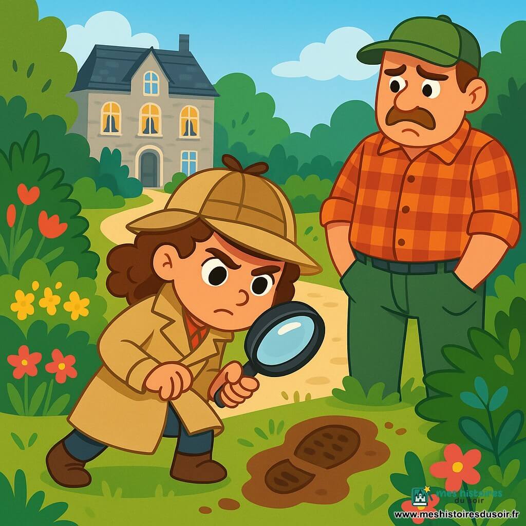 Léa, une jeune détective aux cheveux châtains et bouclés, porte un trench-coat beige et un chapeau de détective. Elle examine attentivement une empreinte de pas dans la boue avec une loupe. À côté d'elle, Pierre, le jardinier d'environ 40 ans, vêtu d'une chemise à carreaux et d'un pantalon de travail, semble nerveux en l'observant. La scène se déroule dans le jardin luxuriant du manoir de la comtesse, entouré de fleurs colorées et de buissons verdoyants, avec le grand manoir en pierre en arrière-plan. L'atmosphère est tendue, car Léa découvre des indices sur le vol du collier de la comtesse, tandis que Pierre semble cacher quelque chose d'important.