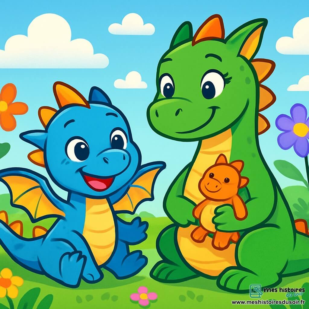 Un petit dragon bleu nommé Léo est assis dans un jardin fleuri, souriant et pétillant de joie. Ses ailes sont petites, mais il est plein d'énergie. À côté de lui, sa maman dragonne aux écailles vertes l'observe avec fierté, tenant une peluche. En arrière-plan, des fleurs colorées dansent au vent sous un ciel bleu parsemé de nuages. Léo, prêt à s'envoler, bat des ailes avec enthousiasme, tandis que sa maman l'encourage, créant une atmosphère d'amour et de soutien.