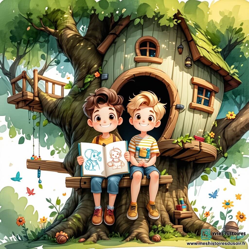 Antoine, un garçon de 11 ans aux cheveux châtains et aux yeux curieux, est assis dans sa cabane en bois dans un chêne, souriant avec un carnet de croquis sur les genoux, entouré de dessins de ses aventures d'été. À côté, son meilleur ami Lucas, également âgé de 11 ans avec des cheveux blonds en bataille, observe les étoiles à travers un télescope, émerveillé. Leur cabane est dans un jardin luxuriant, baigné par la lumière dorée du soleil couchant, avec des fleurs et des arbres fruitiers, créant une ambiance magique. Ils partagent un moment de complicité, plongés dans leurs souvenirs d'été, entourés de la beauté de la nature et des étoiles scintillantes.