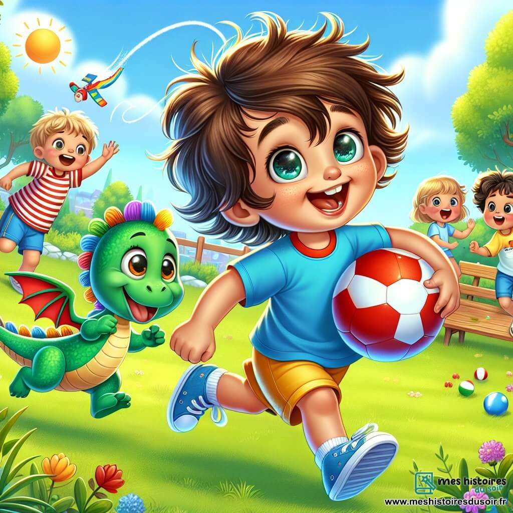 Lucas, un petit garçon de 2 ans aux cheveux bruns en bataille et aux yeux pétillants, court avec un grand sourire et un ballon rouge à la main, vêtu d'un t-shirt bleu et de shorts jaunes. À ses côtés, Pipo, un dragon vert aux écailles brillantes et grandes ailes colorées, s'élève en battant des ailes pour l'encourager. En arrière-plan, un groupe d'enfants de 5 à 7 ans joue au ballon dans un parc verdoyant. Un garçon blond en t-shirt rouge court après le ballon, tandis qu'une fille aux tresses brunes et en robe rose rit en essayant de le rattraper. Le parc ensoleillé est rempli d'arbres, de fleurs et d'une pelouse bien entretenue, avec des bancs en bois et un ciel bleu clair. La scène montre Lucas, aidé de Pipo et des autres enfants, courant joyeusement après un ballon échappé dans un buisson, illustrant l'esprit d'équipe et le plaisir du jeu.