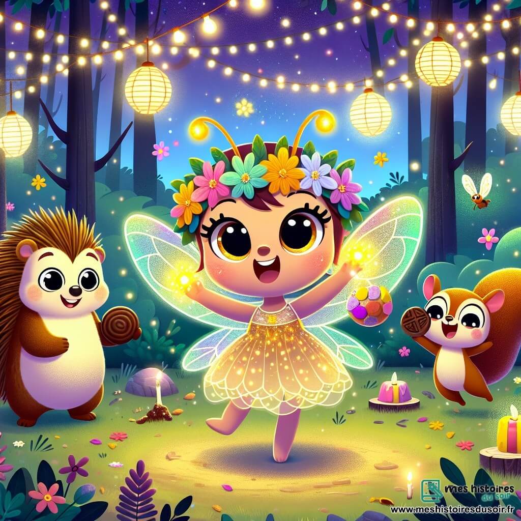 Une luciole nommée Luma, avec une couronne de fleurs et des ailes scintillantes, danse dans une clairière illuminée par des lanternes. Elle tient un cristal de joie dans ses pattes. À ses côtés, un hérisson nommé Gigo, avec un pelage brun et des piquants dorés, célèbre le Nouvel An, tandis qu'un écureuil espiègle nommé Milo, avec une fourrure rousse, saute autour d'eux avec des noix en chocolat. La scène se déroule dans une forêt enchantée, remplie d'animaux réunis pour célébrer dans une ambiance festive et magique, avec des feux d'artifice illuminant le ciel étoilé.
