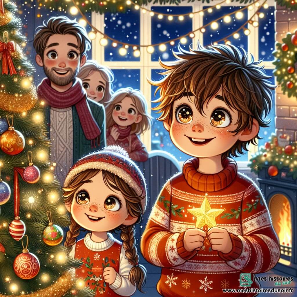 Maxime, un garçon de 11 ans aux cheveux ébouriffés et au grand sourire, admire un sapin de Noël décoré de guirlandes et de boules colorées. Il porte un pull rouge avec des flocons de neige et un bonnet en laine. À ses côtés, sa sœur Élodie, 9 ans, avec des cheveux bruns tressés, tient une étoile dorée qu'elle s'apprête à placer au sommet du sapin. En arrière-plan, leurs parents sourient tendrement, entourés de lumières et de décorations festives. Le salon est chaleureux, rempli de lumières scintillantes, avec une cheminée crépitante et des flocons de neige tombant doucement à l'extérieur. Maxime et Élodie décorent le sapin ensemble, créant des souvenirs inoubliables dans une ambiance festive.