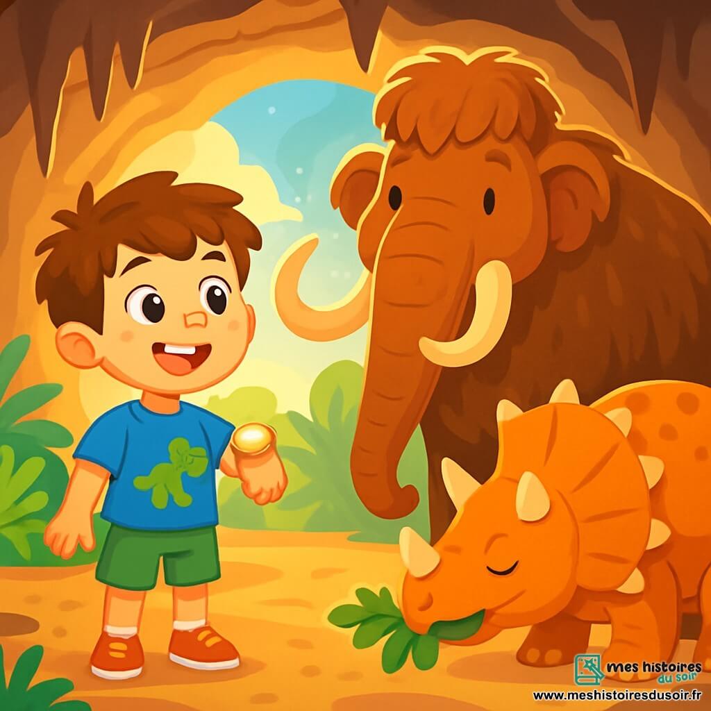 Un petit garçon de 6 ans, Timéo, avec des cheveux bruns en bataille et des yeux curieux, se tient au centre de la scène. Il porte un t-shirt bleu avec un dinosaure et un short vert, son visage exprime l'émerveillement. À côté de lui, un mammouth laineux majestueux et un tricératops broute des feuilles. Le décor est une grotte préhistorique avec des stalactites et des fougères géantes, où la lumière du soleil crée des ombres dansantes. Timéo observe les animaux préhistoriques avec surprise et joie, tenant sa montre brillante, prêt à explorer ce monde fascinant.