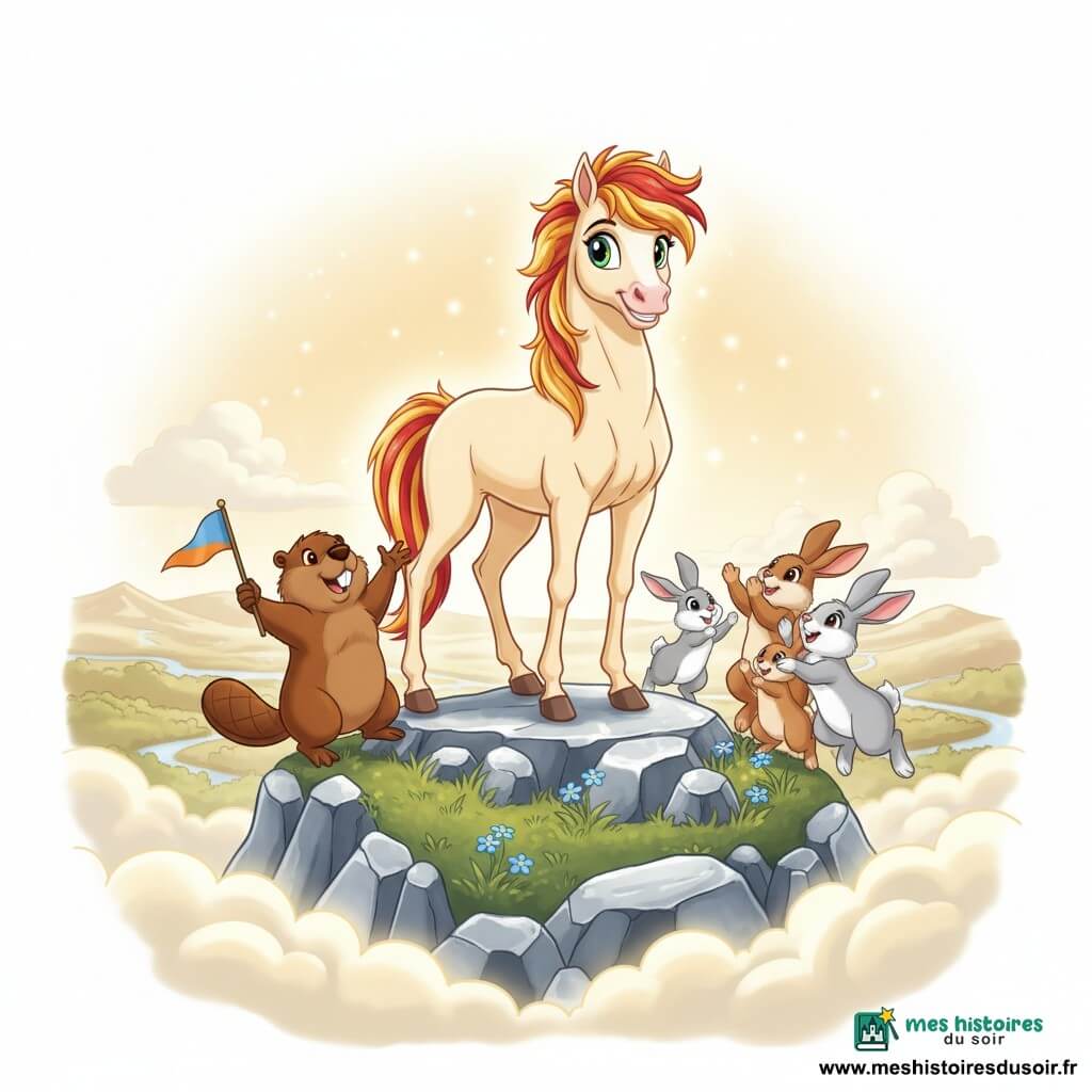 Jeune cheval élégant au pelage crème et crinière rouge et dorée souriant, debout au sommet; un castor brun trapu tenant un petit drapeau, légèrement derrière à gauche, et une famille de lapins (blanc, gris, brun) à droite qui sautillent et applaudissent; sommet de la Montagne Lumineuse avec rochers argentés, nuages bas diffusant une lumière dorée, herbe courte et fleurs bleues, vallées et rivières argentées en arrière-plan; ambiance chaleureuse et triomphante, aura dorée autour du cheval, couleurs saturées, style dessin animé années 90, composition centrée pour enfants.