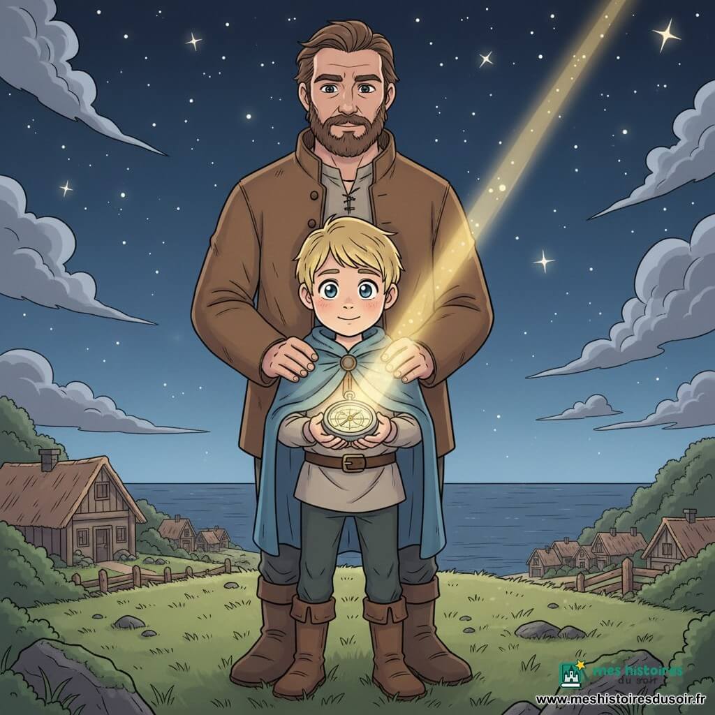 Kaarl, un garçon ému et émerveillé au sourire timide et aux yeux brillants, cheveux blonds, cape bleue et bottes en cuir, tient un vieux compas argenté irradiant une douce lumière qui éclaire son visage ; son père barbu à la veste brune se tient derrière lui, main sur son épaule, sur une colline herbeuse surplombant un petit village côtier aux maisons en bois et toits de chaume, tandis qu’un rayon d’étoile descend vers le compas dont l’aiguille commence à tourner, créant une ambiance magique aux couleurs pastel de bleu nuit, argent et halo doré, composition centrée sur le garçon et l’objet.