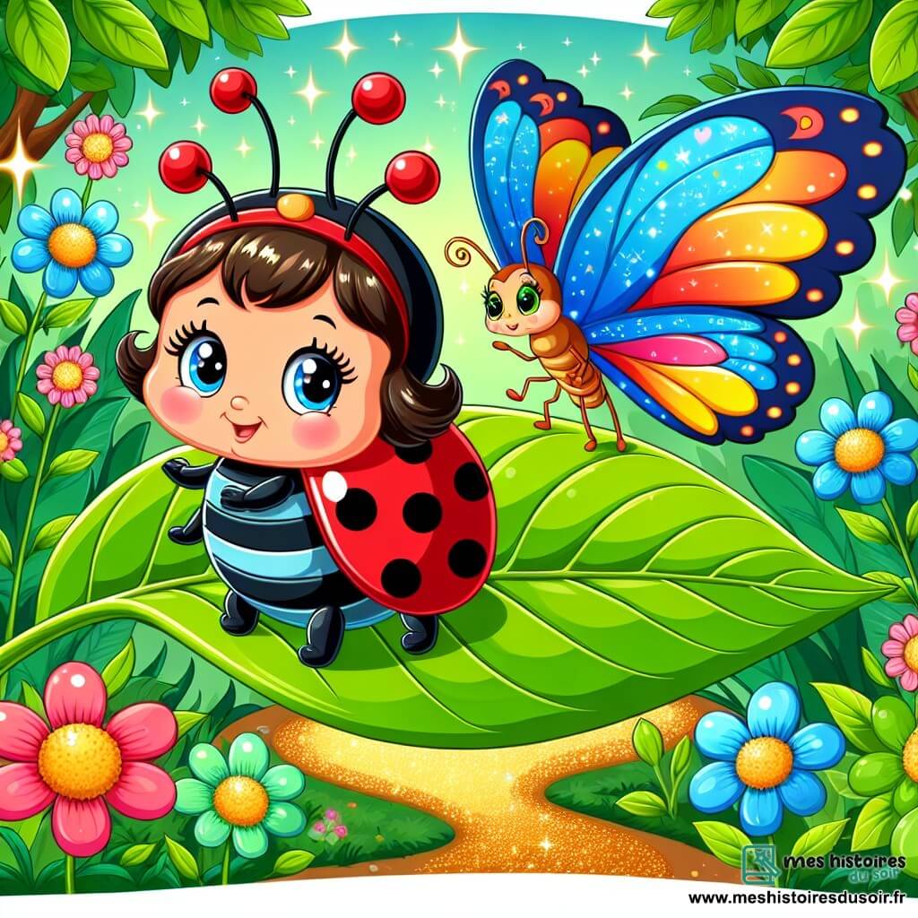 Une coccinelle aux ailes rouges et aux points noirs se tient sur une feuille verte, souriante et prête à explorer. À côté, un papillon multicolore danse dans les airs. Ils se trouvent dans une forêt enchantée avec des fleurs vives et un soleil brillant. La coccinelle découvre un chemin doré scintillant, entouré de fleurs chantantes, et invite son ami papillon à l'accompagner dans cette aventure magique.