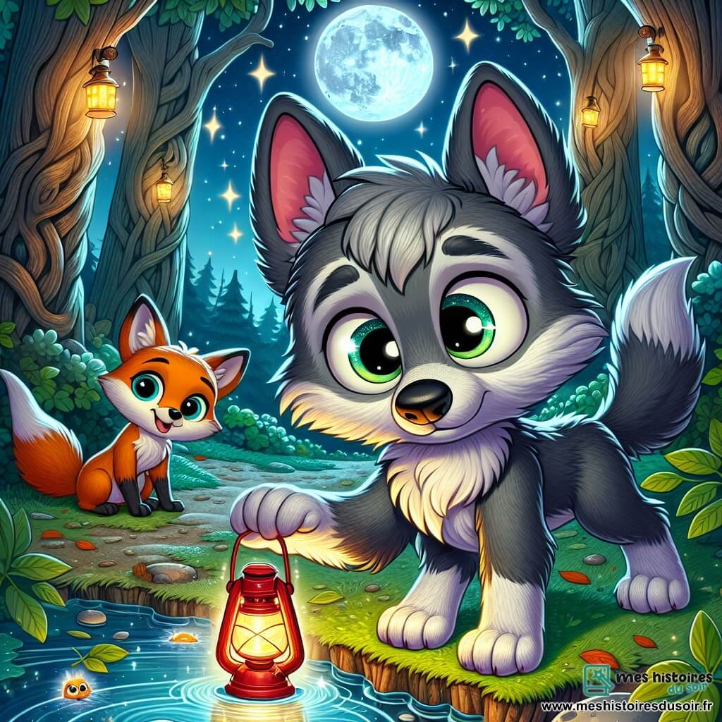 Un petit loup nommé Léo, avec un pelage gris et des yeux brillants, se tient au bord d'une source scintillante, curieux et un peu inquiet. À ses côtés, une petite renarde rousse, Noisette, sourit avec encouragement, prête à l'accompagner. La scène se déroule dans une forêt dense, sous un ciel étoilé, avec une lune pleine projetant une lumière argentée sur le sol. Des lucioles dansent autour d'eux, ajoutant une touche magique à l'atmosphère nocturne. Léo, bien que nerveux, s'apprête à affronter sa peur du noir, prêt à explorer ce monde mystérieux.