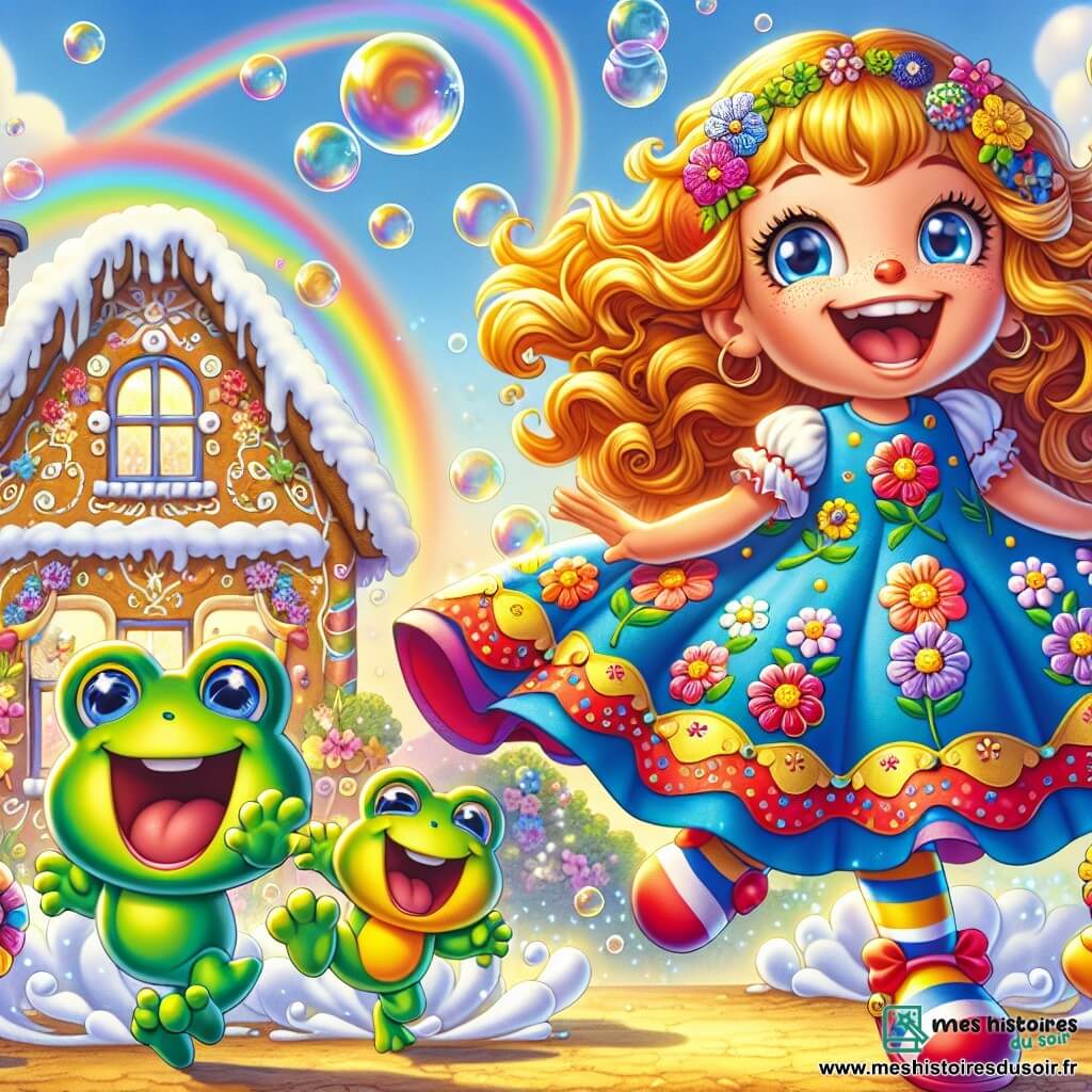 Au centre de l'image, Lili, une sorcière joyeuse aux cheveux bouclés et dorés, porte une robe colorée et des chaussettes rayées. Son visage rayonne de bonheur alors qu'elle saute de joie, entourée de bulles colorées. À ses côtés, deux grenouilles, Gracieuse et Bubbles, sautent avec enthousiasme. Gracieuse, la grenouille verte, a un sourire malicieux, tandis que Bubbles, la grenouille bleue, rit avec des bulles flottant autour d'elle. En arrière-plan, la maison en pain d'épice de Lili est entourée de fleurs chantantes et de papillons colorés, sous un ciel bleu éclatant. La scène principale montre Lili et ses amis concoctant une potion magique dans un grand chaudron, créant une atmosphère de joie et de magie.