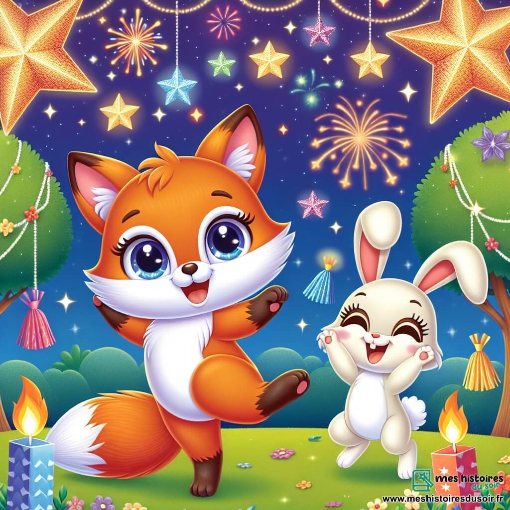 Un petit renard orange vif nommé Roxy danse joyeusement sous un ciel étoilé, entouré de feux d'artifice en papier colorés. À ses côtés, Lila, la lapine blanche, saute de joie, tandis que Titi, le petit écureuil brun, applaudit avec enthousiasme. Ils se trouvent au parc, décoré de guirlandes scintillantes, célébrant ensemble leur amitié et le Nouvel An dans une ambiance festive et colorée.