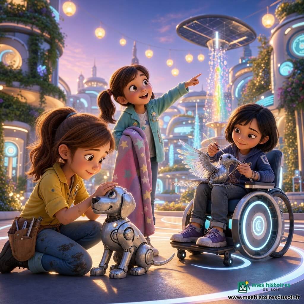 Trois filles de 8 ans aident des animaux mécaniques cassés près d'une fontaine dans une rue pavée d'une cité futuriste au crépuscule aux tons pastel : Lila, à peau claire et queue de cheval châtain, agenouillée à gauche, blouse jaune pleine d'outils, caresse un petit chien robot à la plating métallique; Zoé, à peau mate et couettes brunes, debout au centre, tient une couverture étoilée colorée et montre une fontaine brillante, curieuse et joyeuse; Séréna, cheveux noirs courts, assise en fauteuil roulant moderne à droite, tient un tournevis et répare un oiseau mécanique aux ailes translucides; ambiance bienveillante, lumière douce et chaude, compositions en triangle montrant proximité et entraide, décor de bâtiments arrondis à jardins verticaux lumineux, lampes luciole et fontaine solaire aux gouttes arc‑en‑ciel.