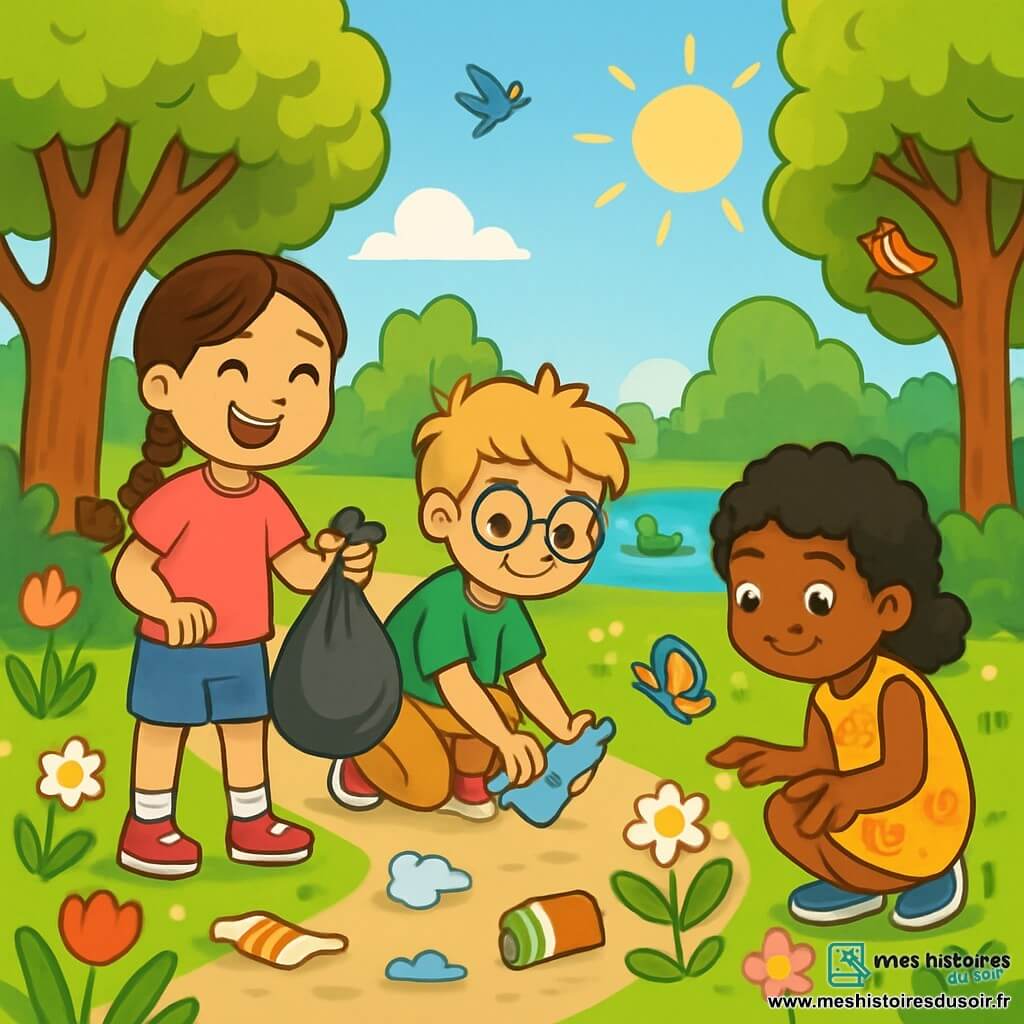 Il y a trois personnages : Léa, une petite fille de 6 ans avec de longs cheveux bruns tressés, un t-shirt rose et un short bleu, souriant en tenant un sac de déchets ; Tom, un garçon de 6 ans avec des cheveux blonds en bataille et des lunettes rondes, portant un t-shirt vert et un pantalon beige, ramassant une bouteille en plastique ; et Naïma, une petite fille de 6 ans avec des cheveux noirs bouclés et une robe jaune à fleurs, accroupie près d'une fleur en observant un papillon. L'action se déroule dans un parc verdoyant, ensoleillé, entouré d'arbres majestueux et de fleurs multicolores. Les trois amis ramassent des déchets pour nettoyer le parc, entourés de déchets éparpillés, mais leur enthousiasme illumine la scène, accompagnée du chant des oiseaux et d'un ciel bleu éclatant.