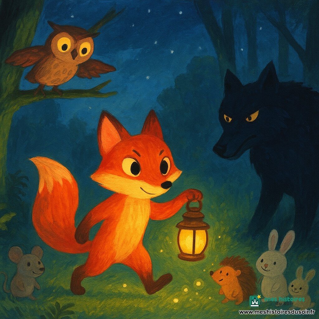 Un renard roux au pelage lumineux tient une petite lanterne cuivrée qui diffuse une lueur dorée et avance confiantly au centre d’une clairière; à l’orée, un grand loup noir-bleuté aux yeux ambre, imposant mais retenu par la lumière, le regarde. Un hibou brun vole au-dessus en projetant des éclats blancs pendant que des lucioles vert-jaune tourbillonnent autour de la lanterne et que souris, hérisson et lapin, rassemblés derrière le renard, observent rassurés. La clairière, herbe argentée par la lune, troncs moussus, fougères et légère brume sous un ciel étoilé, crée une ambiance chaleureuse et sûre où la lumière du renard repousse doucement l’ombre du loup.