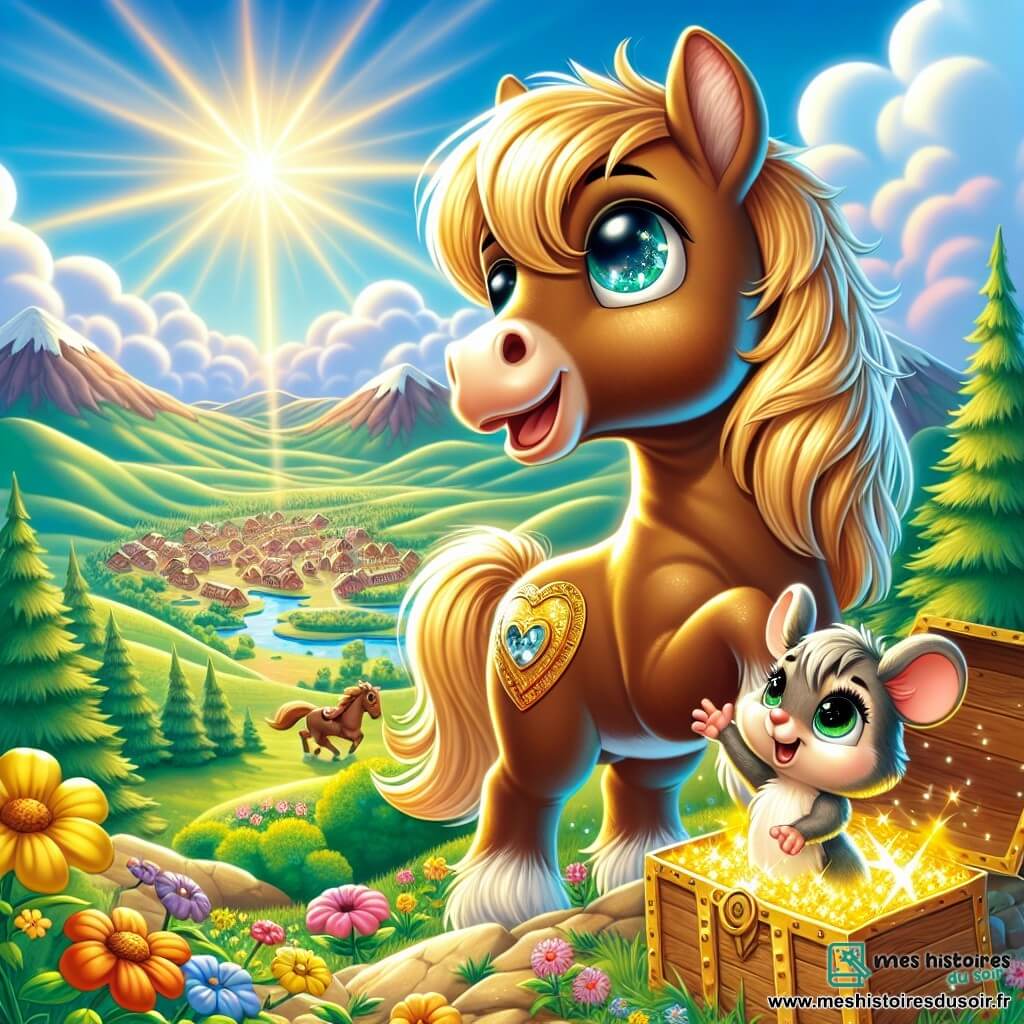 Un magnifique cheval nommé Galopin, avec une crinière dorée et des yeux brillants, se tient au sommet d'une montagne, exprimant joie et accomplissement, prêt à galoper. À ses côtés, sa meilleure amie, une petite souris nommée Mimi, lève une patte en signe d'encouragement, émerveillée par le paysage. Le décor est époustouflant : des collines verdoyantes, des fleurs colorées et des nuages flottants sous un ciel bleu éclatant. Au loin, un village scintille sous le soleil couchant, promettant rires et aventures. Galopin et Mimi découvrent un coffre ancien rempli d'éclats de lumière, symbolisant le trésor de leur amitié et du bonheur, après avoir surmonté de nombreux défis.