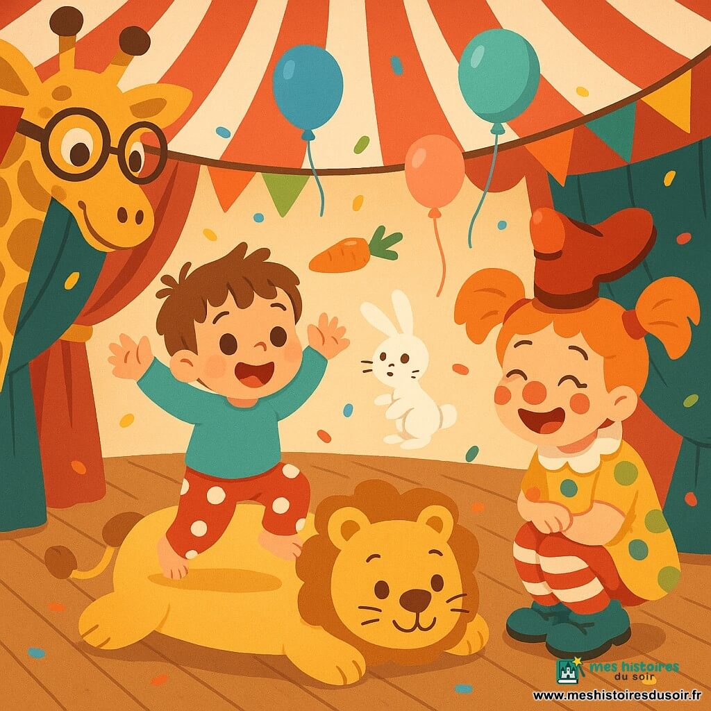 Olivier, 2 ans, souriant et émerveillé, saute sur un grand coussin jaune lion, cheveux bruns en mèches, pantalon rouge à pois blancs, bras levés; à côté, Lulu la clownette aux couettes orange et maquillage doux, chaussure géante sur la tête, rit accroupie; une grande girafe à grosses lunettes se penche depuis l’arrière gauche; un petit lapin blanc lance une carotte orange qui rebondit sur le nez d’Olivier; dans un chapiteau aux rayures rouges et blanches, sol en bois, guirlandes, confettis et ballons bleu, vert et rose flottent sous un éclairage chaud — moment joyeux et dynamique, composition centrée, couleurs vives et formes simples.