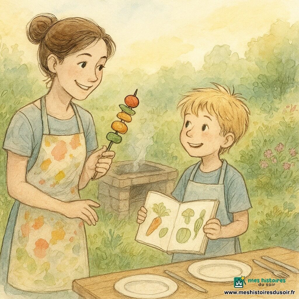 Lina, une femme souriante aux cheveux bruns attachés en chignon, porte un tablier coloré taché de sauce. Elle tient une brochette de légumes colorés, les yeux pétillant de fierté. Malo, un garçon de 6 ans aux cheveux blonds en bataille, porte un tablier trop grand pour lui. À côté de Lina, il tient un carnet ouvert avec des dessins de légumes. Ils se trouvent dans un jardin verdoyant, rempli de plantes aromatiques et de fleurs colorées. Un barbecue en pierre dégage une légère fumée, et une table en bois est couverte d'assiettes et d'ustensiles de cuisine. La scène est baignée d'une douce lumière de fin d'après-midi, créant une atmosphère chaleureuse et accueillante.