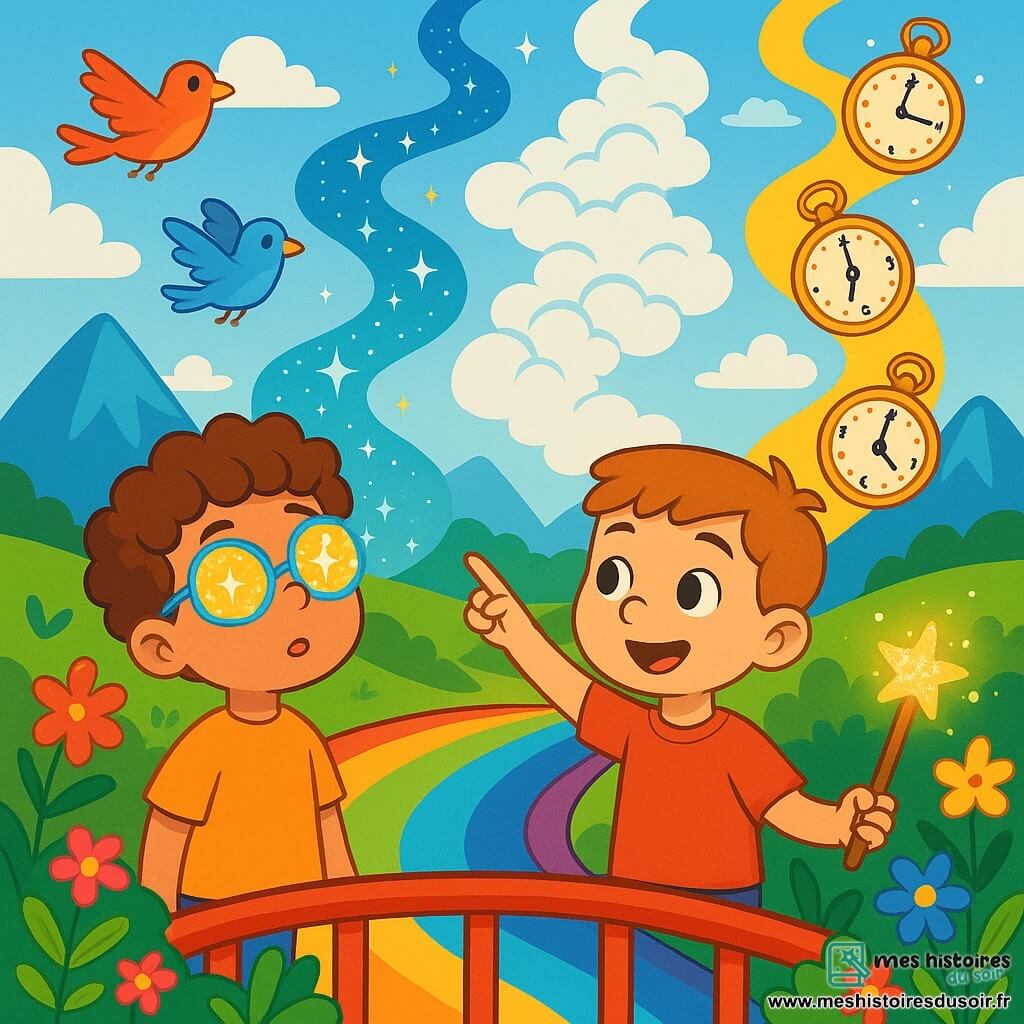 Il y a deux personnages principaux : Noé, un garçon de 8 ans avec des cheveux bouclés et des lunettes magiques brillantes, qui se tient à gauche en regardant le ciel, et Malo, un garçon de 7 ans avec des cheveux courts et une canne lumineuse, qui se trouve à droite de Noé, souriant et pointant un chemin mystérieux. L'action se déroule sur un pont arc-en-ciel au-dessus d'une vallée verdoyante, bordée de fleurs colorées et peuplée d'oiseaux éclatants, avec des montagnes majestueuses en arrière-plan. Noé et Malo contemplent trois chemins enchanteurs : l'un scintillant, l'autre enveloppé de nuages doux, et le dernier décoré d'horloges dansantes, se demandant lequel choisir pour découvrir les merveilles du monde.
