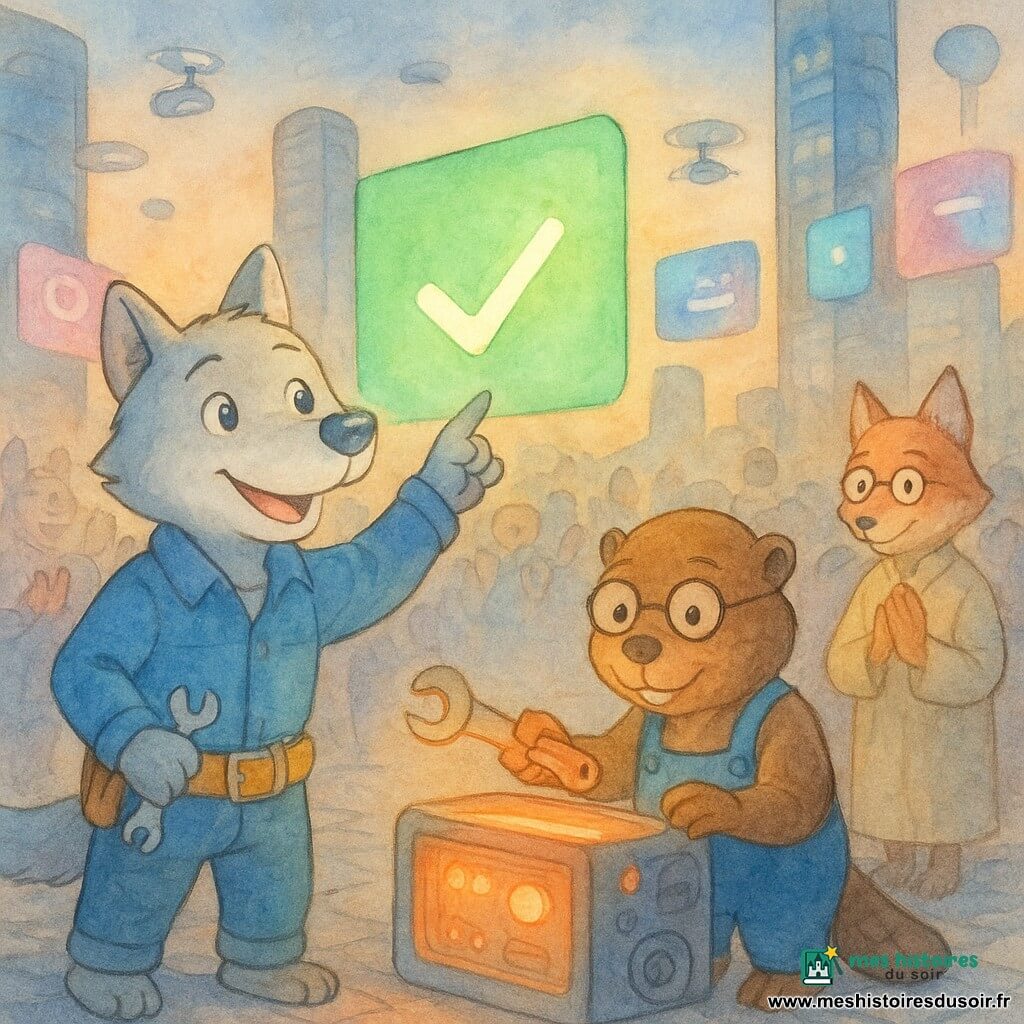 Léo, un petit loup anthropomorphe au visage doux et souriant, pelage gris et veste bleue, pointe vers un grand écran holographique devenu vert après la réparation du système de sécurité des drones ; à ses côtés, Émile le castor, brun, lunettes rondes et salopette, tient une clé orange en réparant une console lumineuse, tandis qu'un vieux renard en robe beige, lunettes rondes et mains jointes, se tient en retrait parmi la foule applaudissant dans un carrefour urbain futuriste au pied de deux tours de verre, pavés luisants, drones argentés suspendus et néons doux — scène rendue à l'aquarelle avec contours doux et couleurs pastel, atmosphère de soulagement et de solidarité.