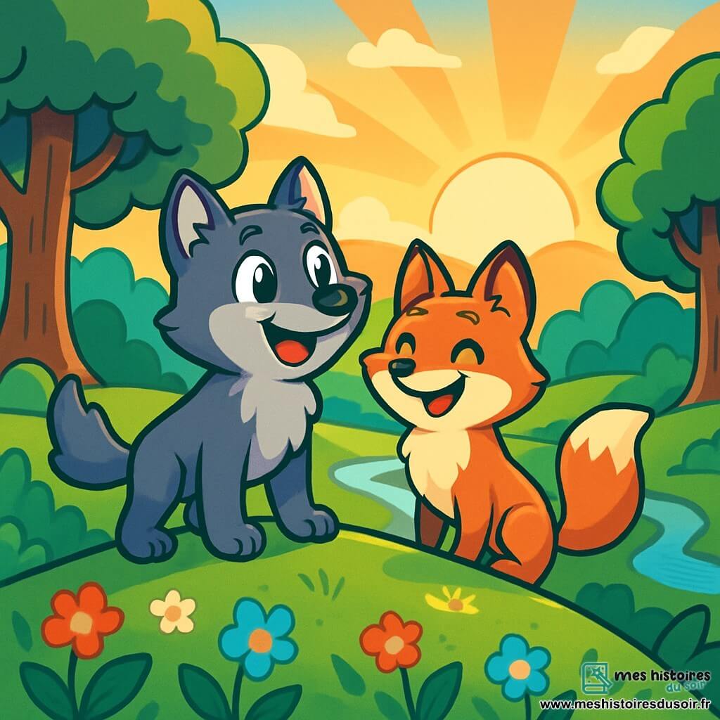 Un jeune loup nommé Léo, au pelage gris et aux yeux brillants, se tient au sommet d'une colline verdoyante, émerveillé par le lever de soleil doré. À ses côtés, sa meilleure amie, une renarde au pelage orange vif, sourit avec enthousiasme. Le paysage est une clairière parsemée de fleurs colorées, avec des arbres majestueux et un ruisseau scintillant. Léo et Luna réalisent que les plus beaux trésors sont les moments partagés dans la beauté de leur forêt enchantée.
