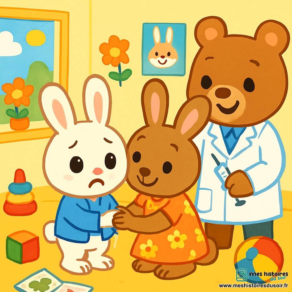 Petit Lapin, un adorable lapin aux grandes oreilles et au pelage doux et blanc, se tient au centre de la scène avec un regard inquiet. Il porte une petite veste bleue. À côté de lui, Maman Lapin, une lapine affectueuse au pelage brun clair, le regarde avec un sourire rassurant tout en tenant sa patte. Elle est vêtue d'une jolie robe à fleurs. Le docteur, un gentil ours en blouse blanche, se tient légèrement en retrait avec un sourire amical, tenant une petite seringue. La scène se déroule dans une salle d'attente lumineuse et accueillante, remplie de jouets colorés et de décorations joyeuses. Petit Lapin, un peu nerveux, se prépare à recevoir un vaccin, tandis que Maman Lapin lui parle doucement pour le rassurer.