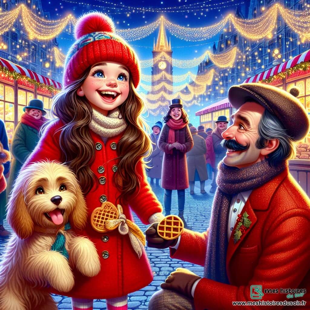 Une fille de 12 ans, Louise, avec de longs cheveux bruns et des yeux pétillants, se tient au centre de la scène, souriante. Elle porte un manteau rouge et un bonnet en laine, tenant une gaufre dans une main et son petit chien doré, Hugo, dans l'autre. À côté d'elle, M. Armand, un homme d'une cinquantaine d'années avec une moustache, s'agenouille pour caresser Hugo, le visage reconnaissant. Le décor est une place animée, ornée de guirlandes lumineuses et de stands colorés, où des gens célèbrent le Nouvel An. En arrière-plan, une grande horloge en carton est prête à sonner minuit, tandis que des feux d'artifice illuminent le ciel. Louise discute avec M. Armand, attendant le début des festivités, entourée de la joie de la foule.